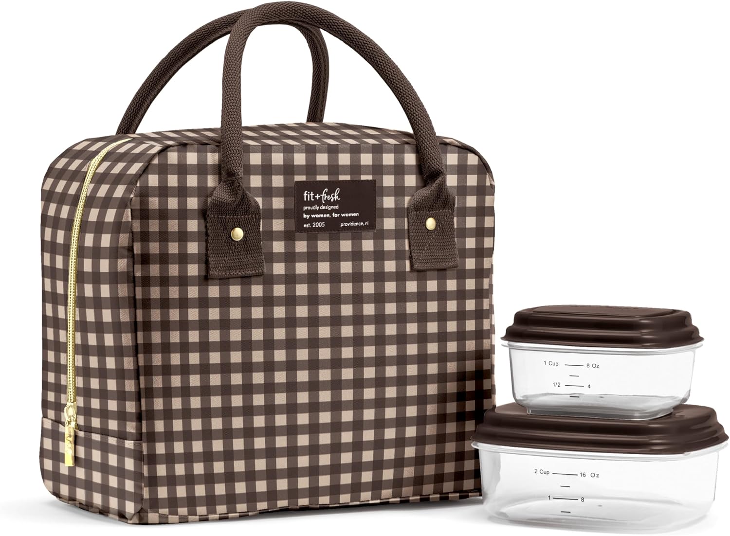 Fit & Fresh Bloomington Insulated Lunch Bag for Women w/ Containers Brown and Tan Gingham