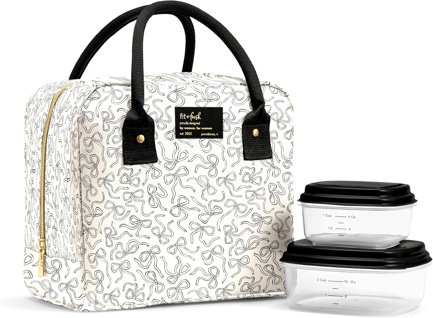 Fit & Fresh Bloomington Insulated Lunch Bag for Women w/ Containers Black Sketched Bows