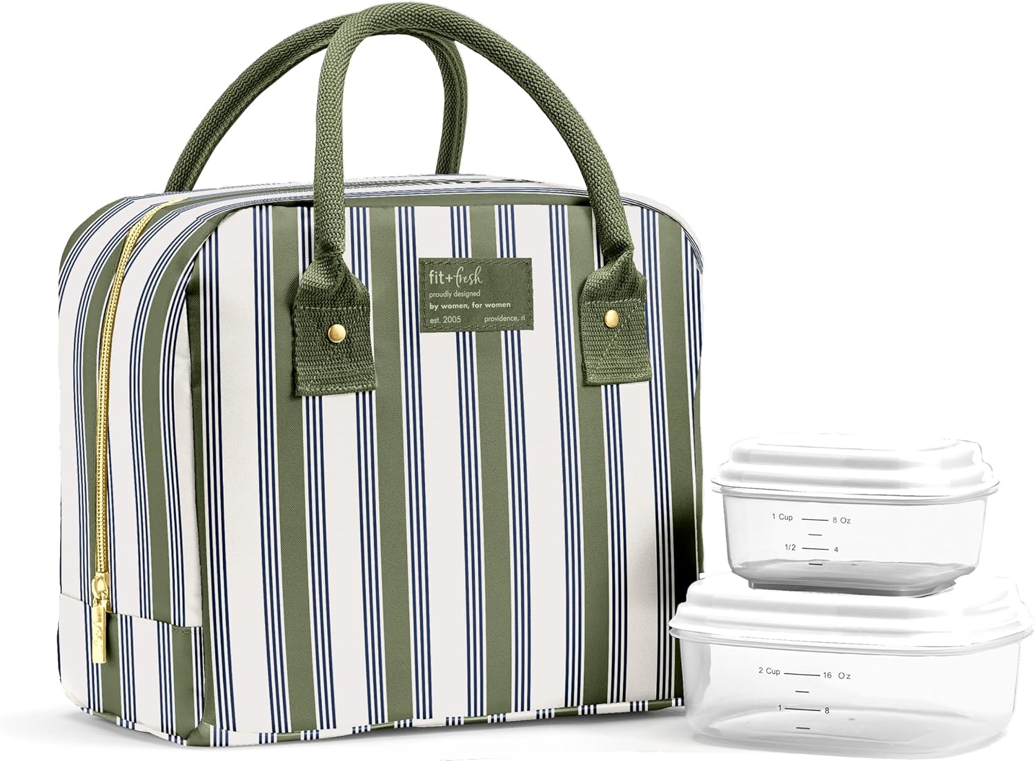 Fit & Fresh Bloomington Insulated Lunch Bag for Women w/ Containers Olive Green Ticking Stripe