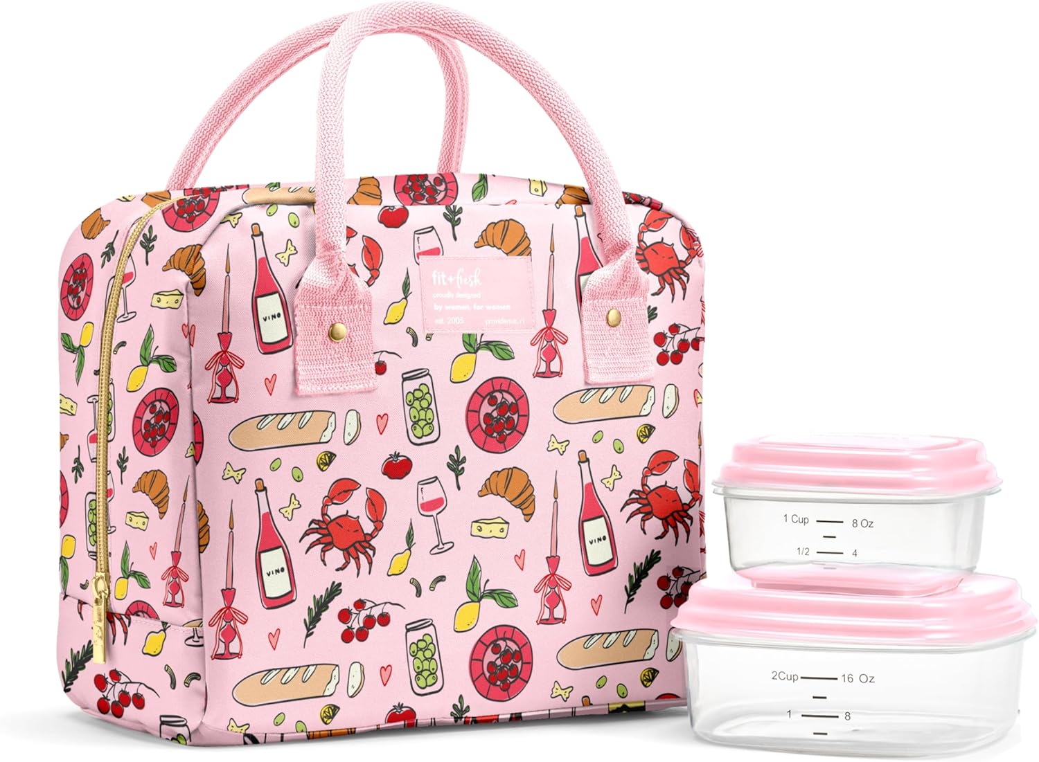 Fit & Fresh Bloomington Insulated Lunch Bag for Women w/ Containers Pink Pasta Dinner