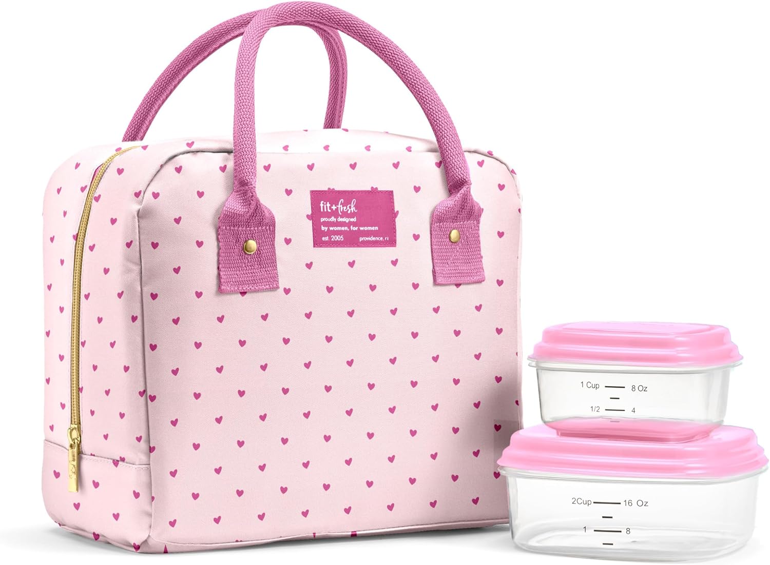 Fit & Fresh Bloomington Insulated Lunch Bag for Women w/ Containers Tiny Pink Hearts