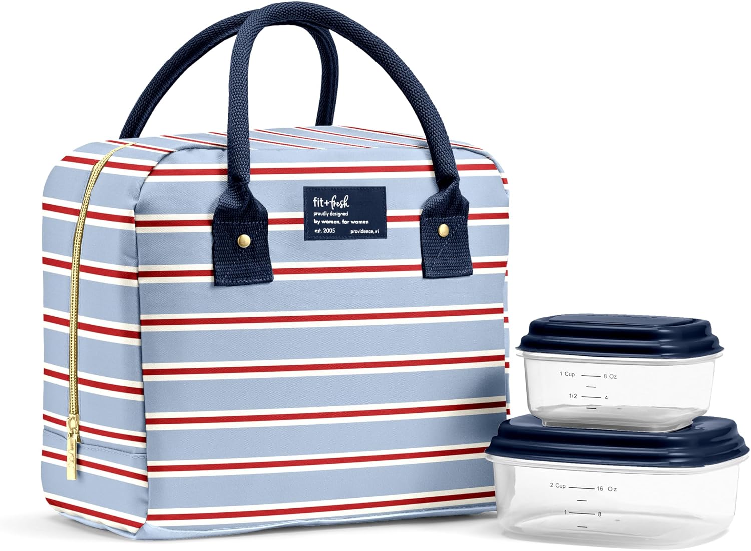 Fit & Fresh Bloomington Insulated Lunch Bag for Women w/ Containers Blue Rowing Stripe