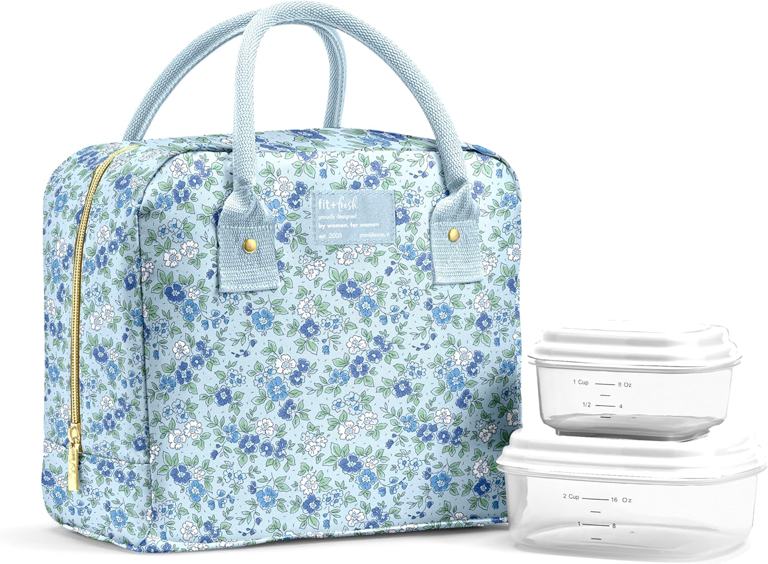 Fit & Fresh Bloomington Insulated Lunch Bag for Women w/ Containers Blue Ditsy Flowers