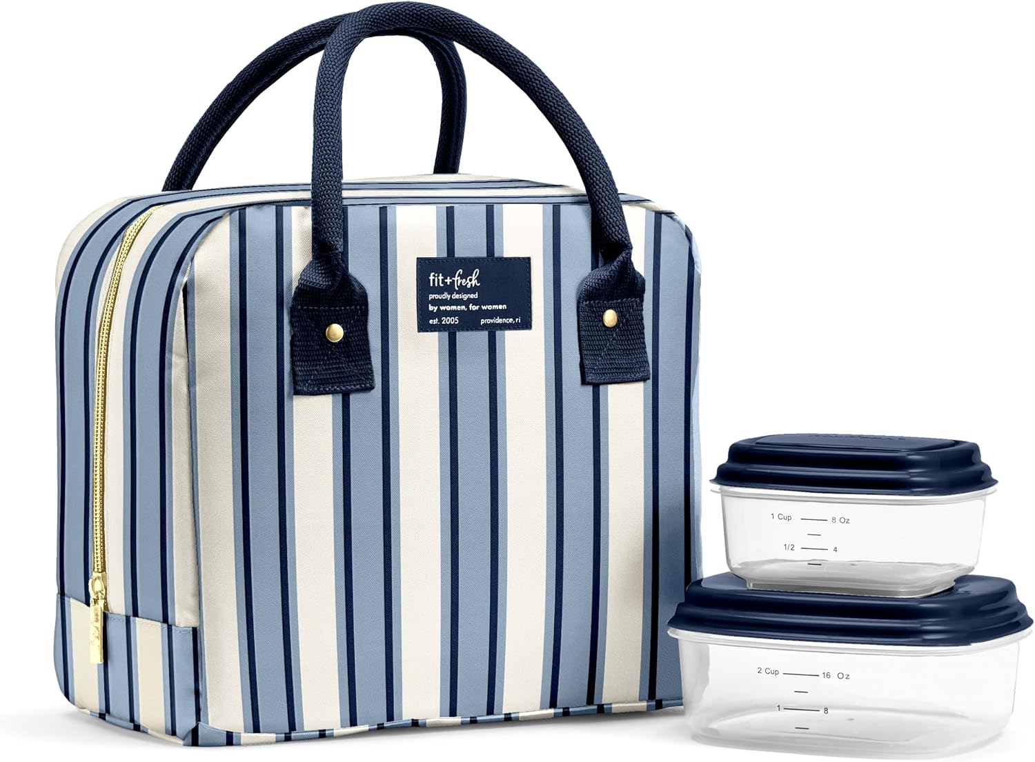 Fit & Fresh Bloomington Insulated Lunch Bag for Women w/ Containers Blue Chunky Stripe