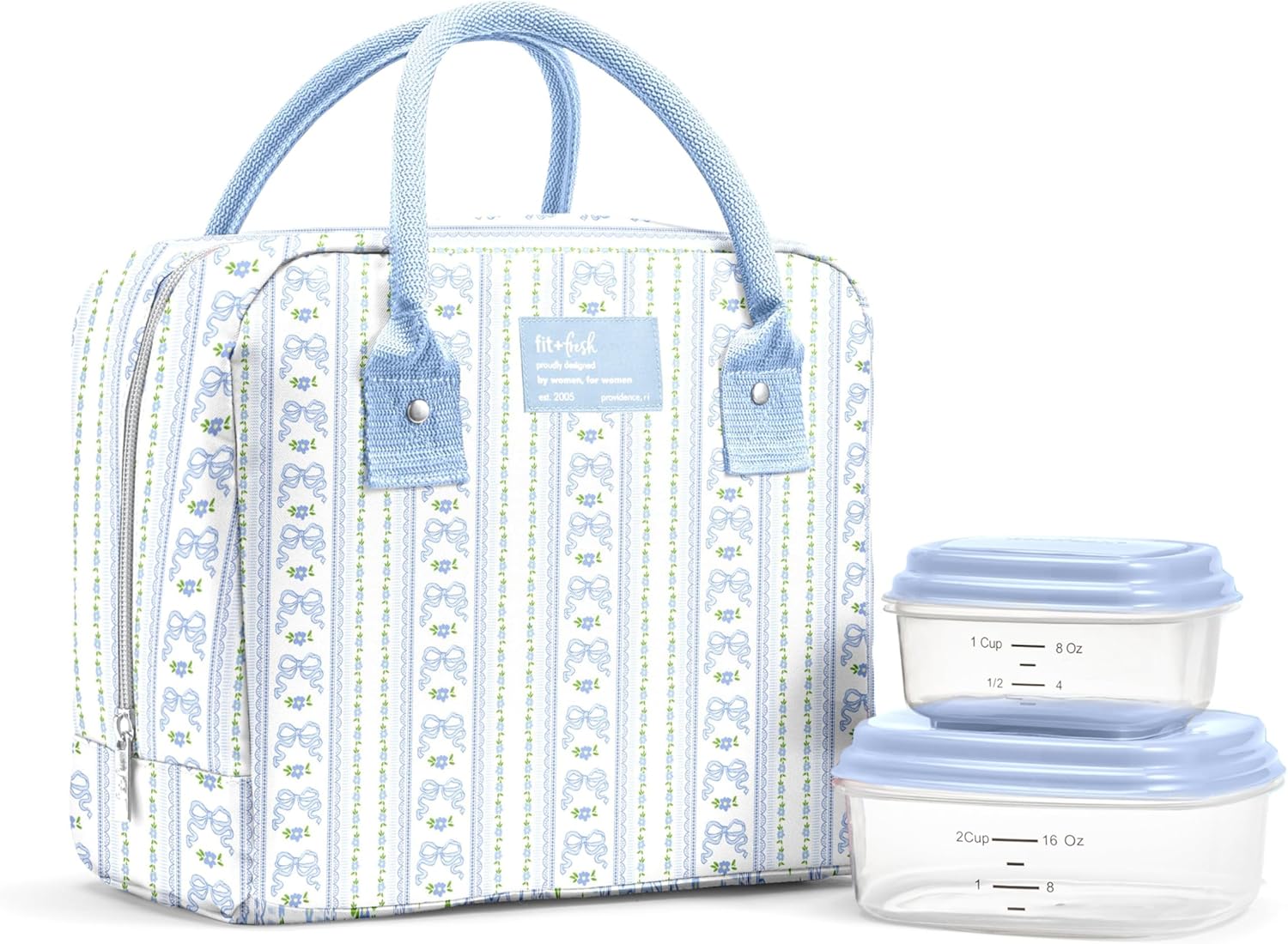 Fit & Fresh Bloomington Insulated Lunch Bag for Women w/ Containers Blue Wallpaper Bows