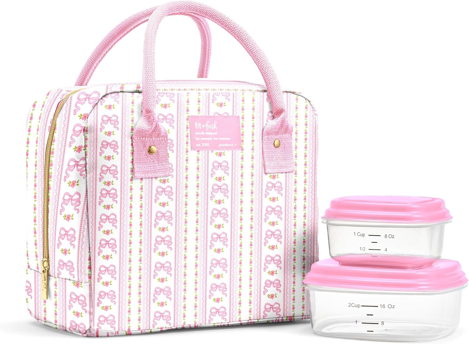 Fit & Fresh Bloomington Insulated Lunch Bag for Women w/ Containers Pink Wallpaper Bows