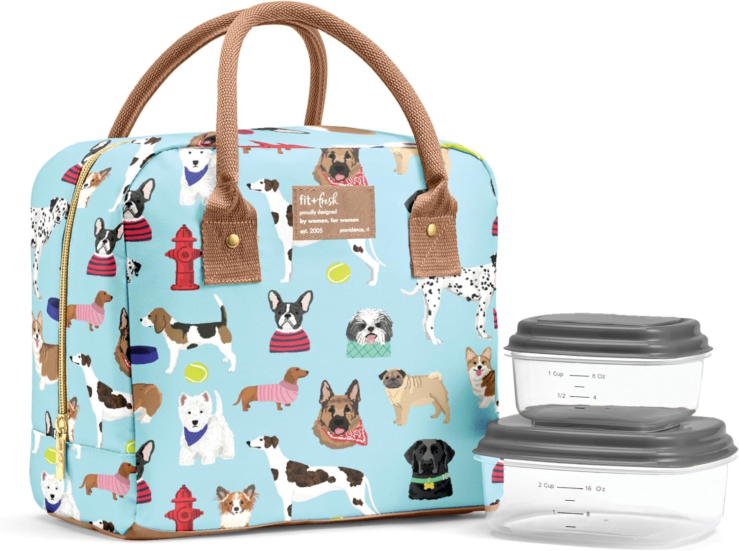 Fit & Fresh Insulated Lunch Bag for Women - Large Leakproof & Stain-Resistant Box With Containers, Zipper Closure - Bloomington, Dogs Theme Multicolor