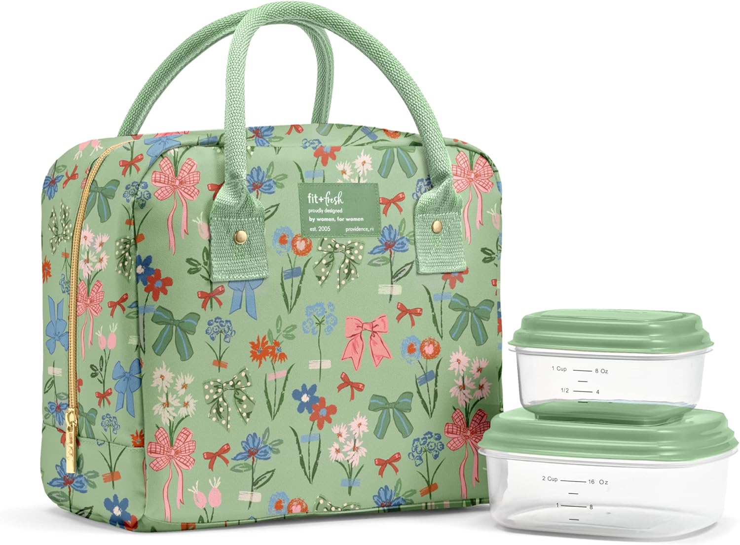 Fit & Fresh Bloomington Insulated Lunch Bag for Women w/ Containers Sage Bows & Flowers