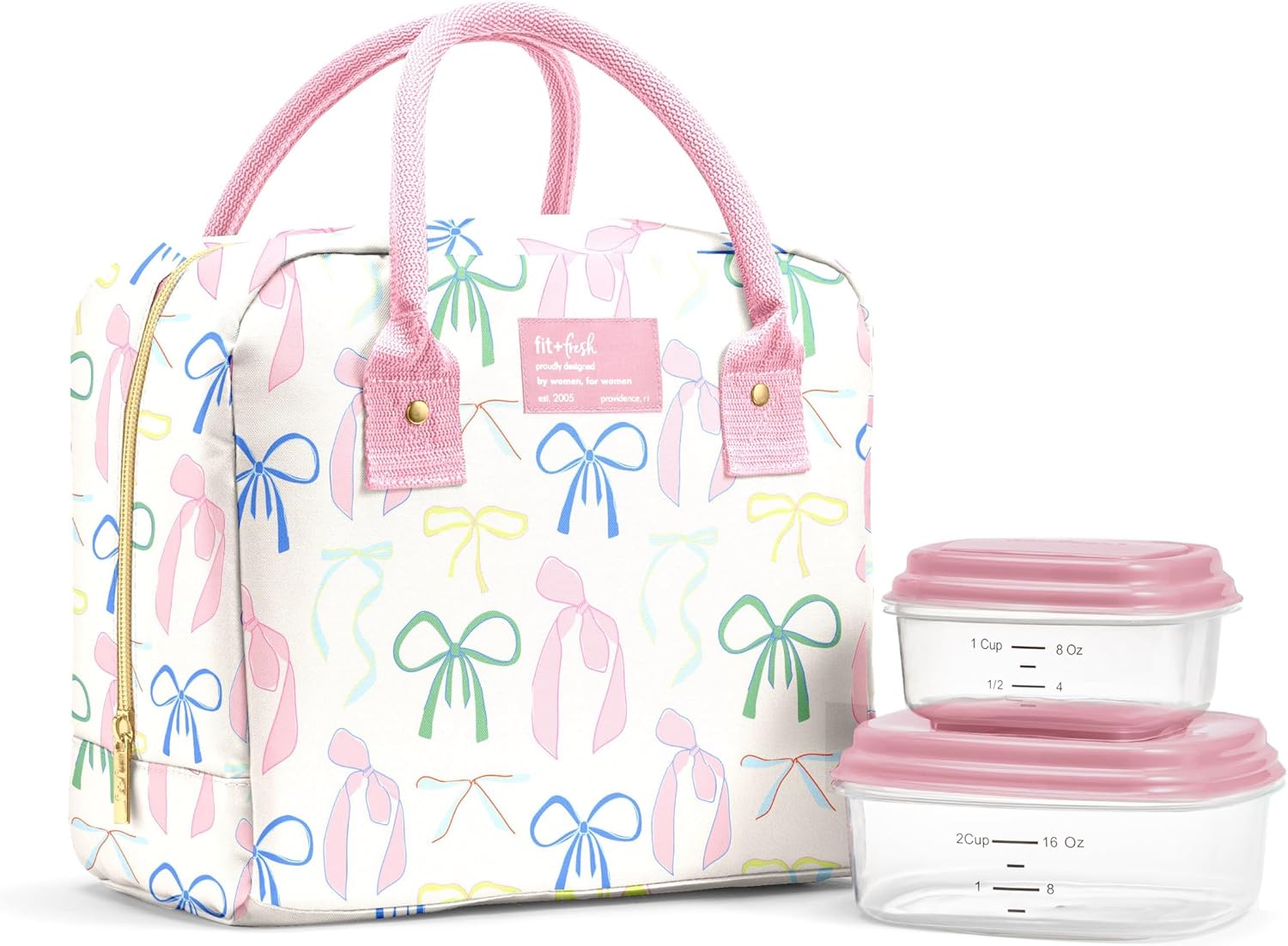 Fit & Fresh Bloomington Insulated Lunch Bag for Women w/ Containers Pink Dainty Bows