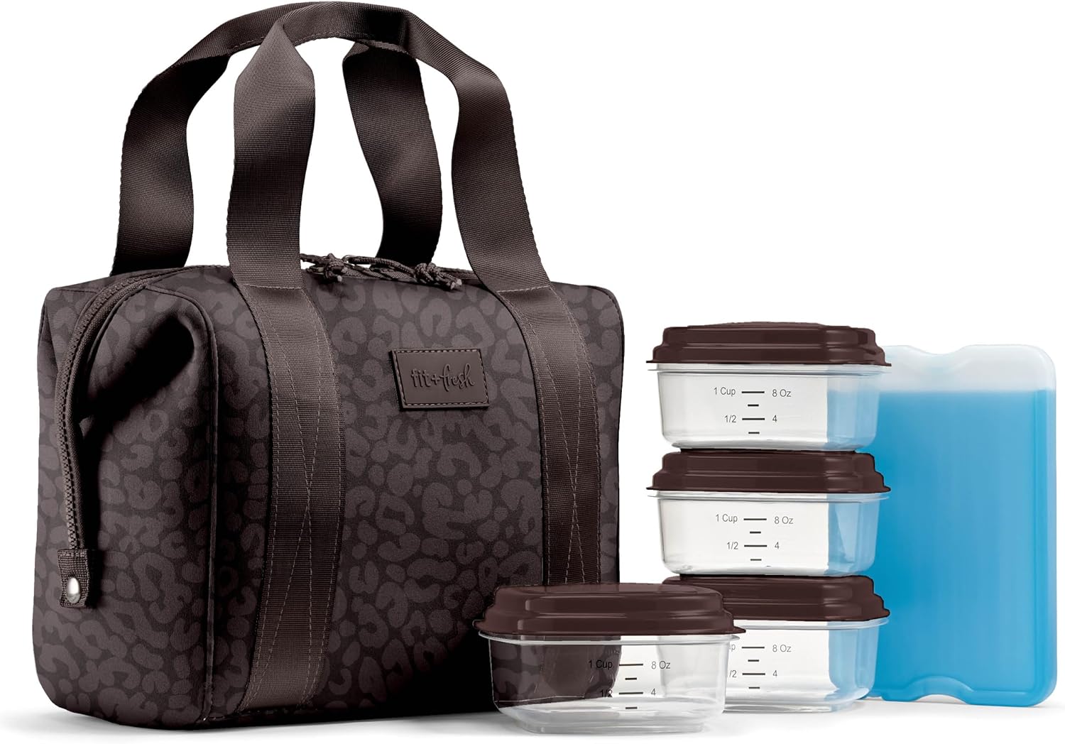 Fit & Fresh Remi Neoprene Lunch Bag for Women w/ Ice Pack & Containers Chocolate Feline Fine