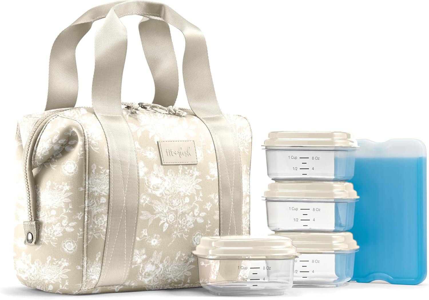 Fit & Fresh Remi Lunch Bag for Women Work – Neoprene Lunch Tote with Containers & Ice Pack, Reusable Meal Prep Lunch Box, Large Capacity, Machine Washable, Tan Toile Tan Floral