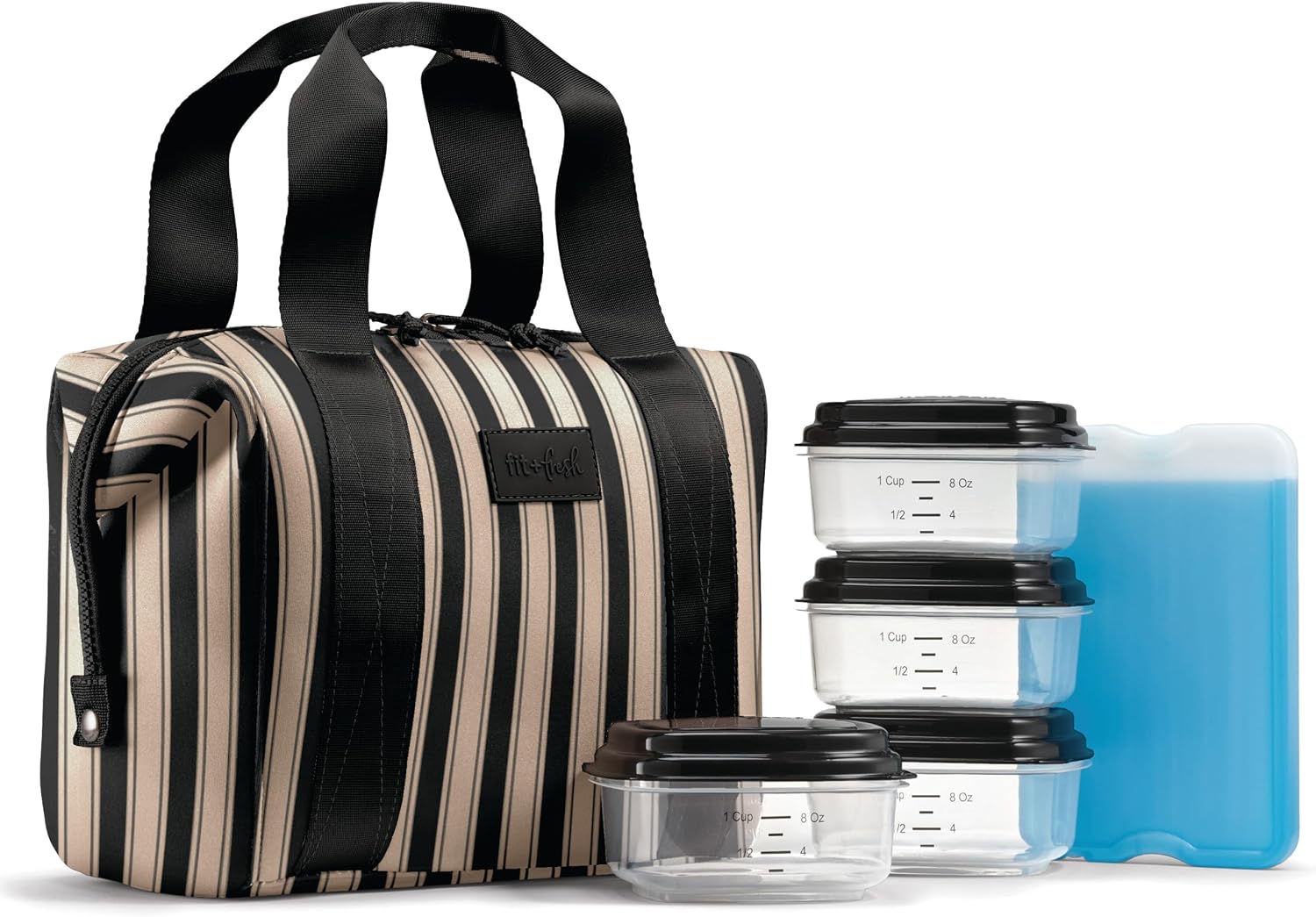 Fit & Fresh Remi Neoprene Lunch Bag for Women w/ Ice Pack & Containers Black Taupe Stripe