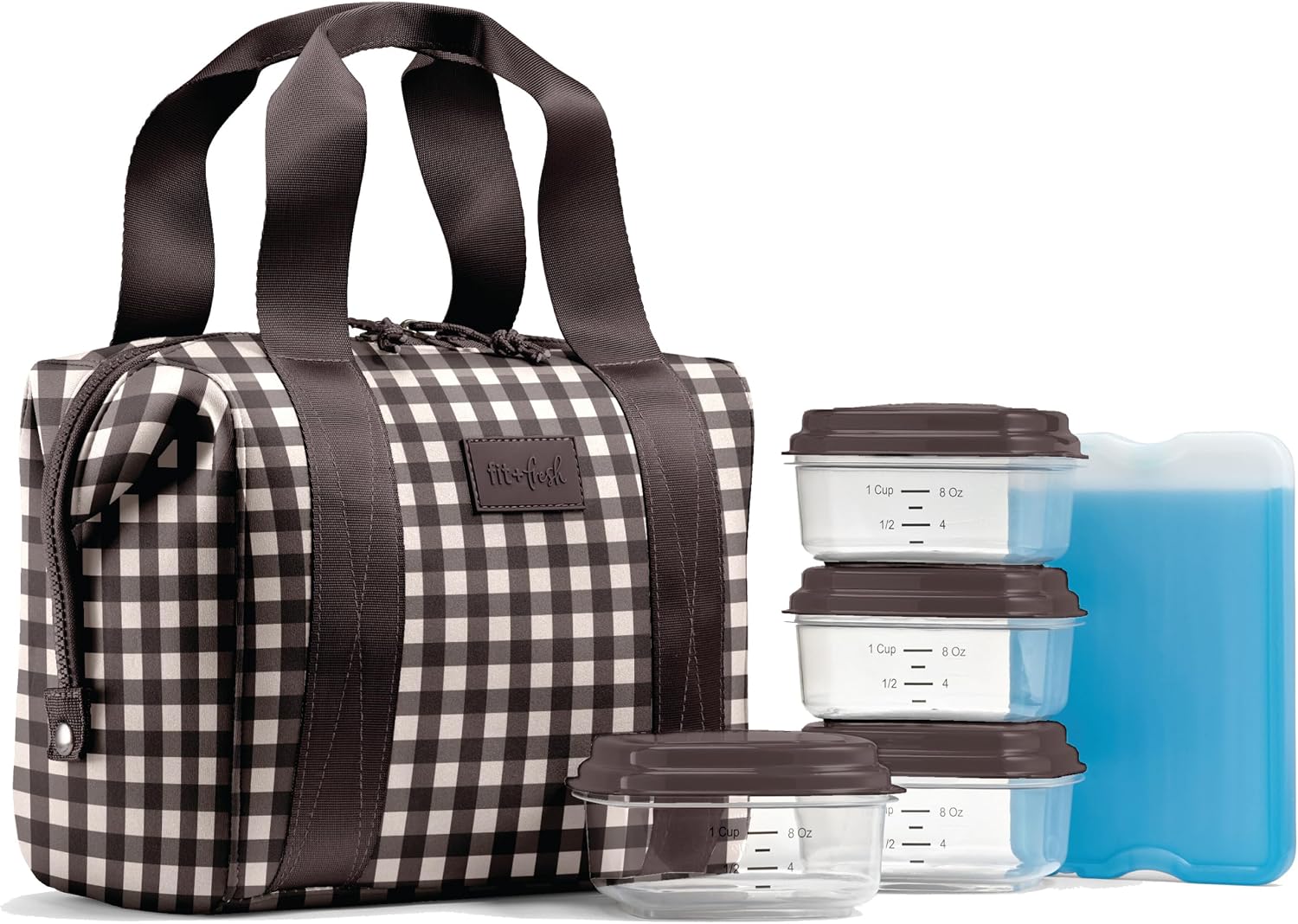 Fit & Fresh Remi Neoprene Lunch Bag for Women w/ Ice Pack & Containers Brown & Tan Gingham