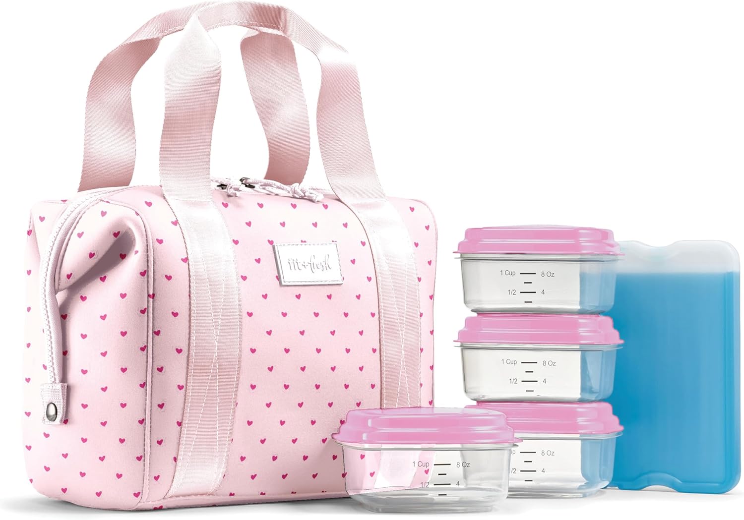 Fit & Fresh Remi Neoprene Lunch Bag for Women w/ Ice Pack & Containers Tiny Hearts