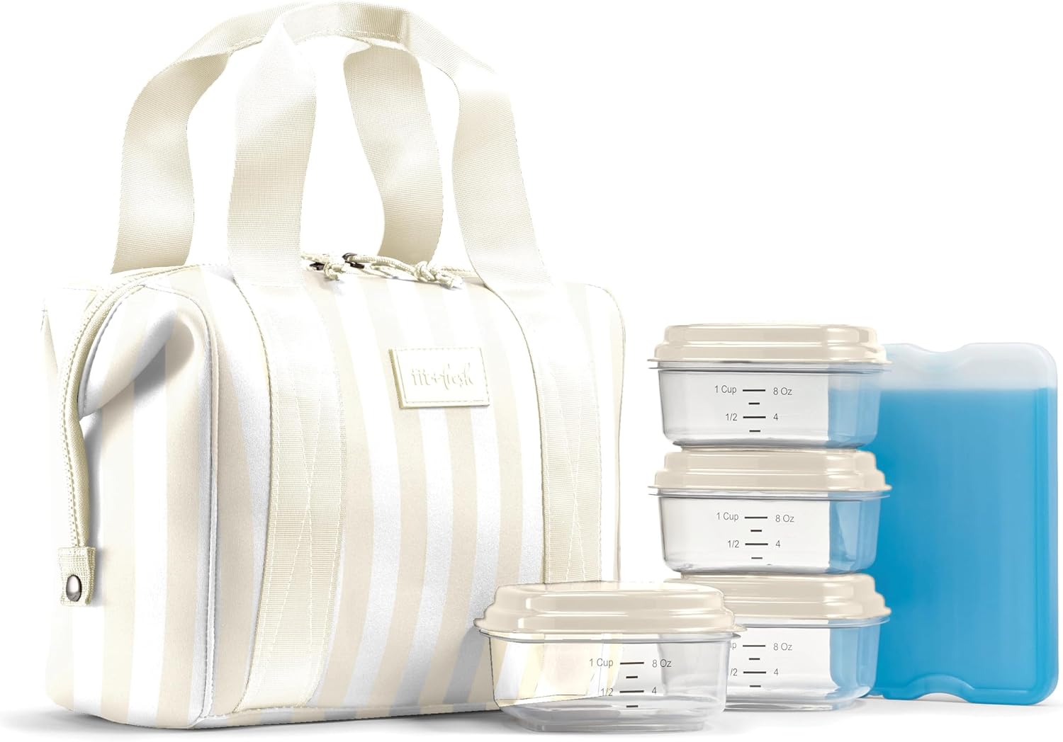 Fit & Fresh Remi Neoprene Lunch Bag for Women w/ Ice Pack & Containers Ivory Stripe