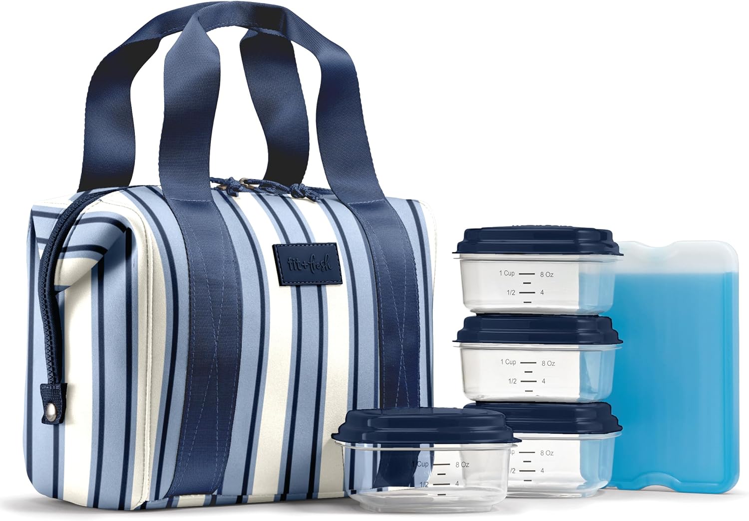 Fit & Fresh Remi Neoprene Lunch Bag for Women w/ Ice Pack & Containers Blue Chunky Stripe