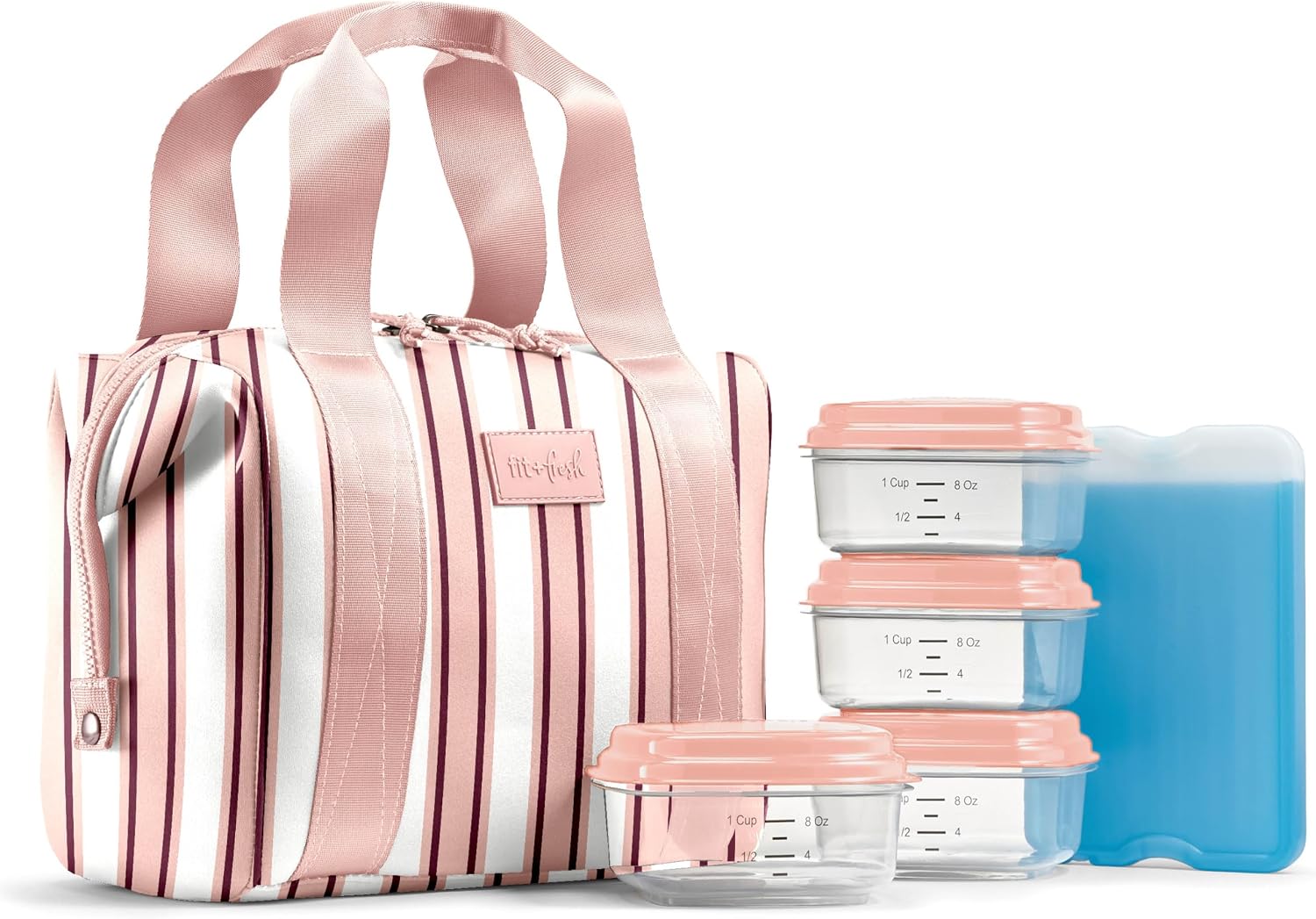 Fit & Fresh Remi Neoprene Lunch Bag for Women w/ Ice Pack & Containers Pink Chunky Stripe
