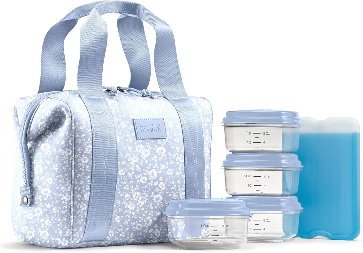Fit & Fresh Remi Neoprene Lunch Bag for Women w/ Ice Pack & Containers Blue Vintage Flowers