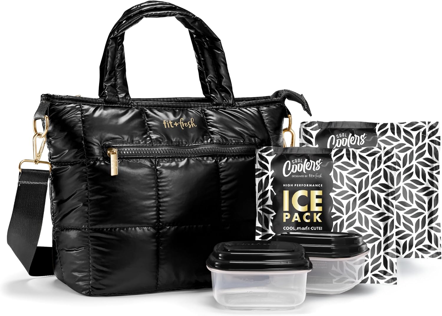 Fit & Fresh Eliana Lunch Tote, Insulated Lunch Bag w/ Ice Packs, Containers Black