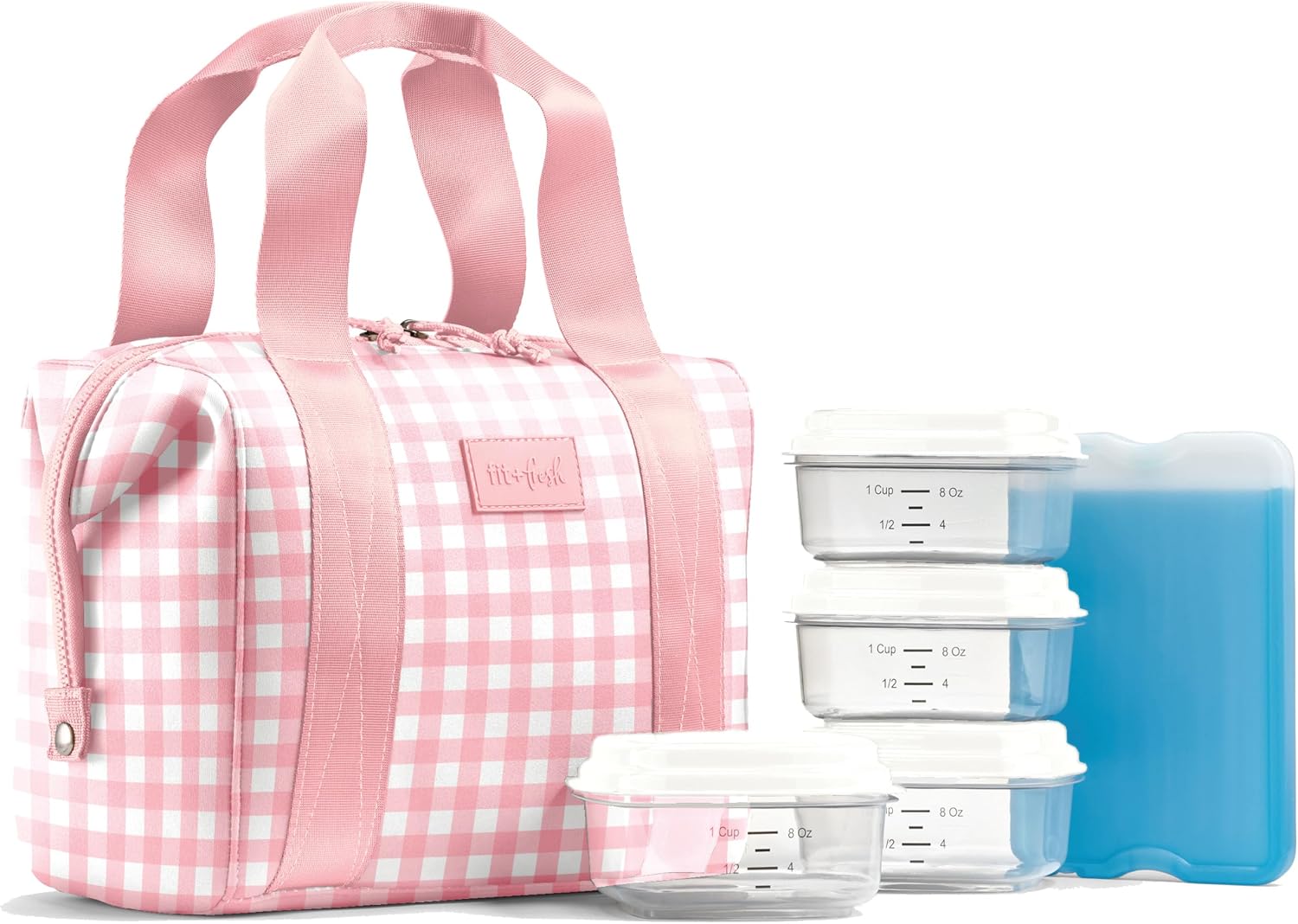 Fit & Fresh Remi Neoprene Lunch Bag for Women w/ Ice Pack & Containers Pink Gingham
