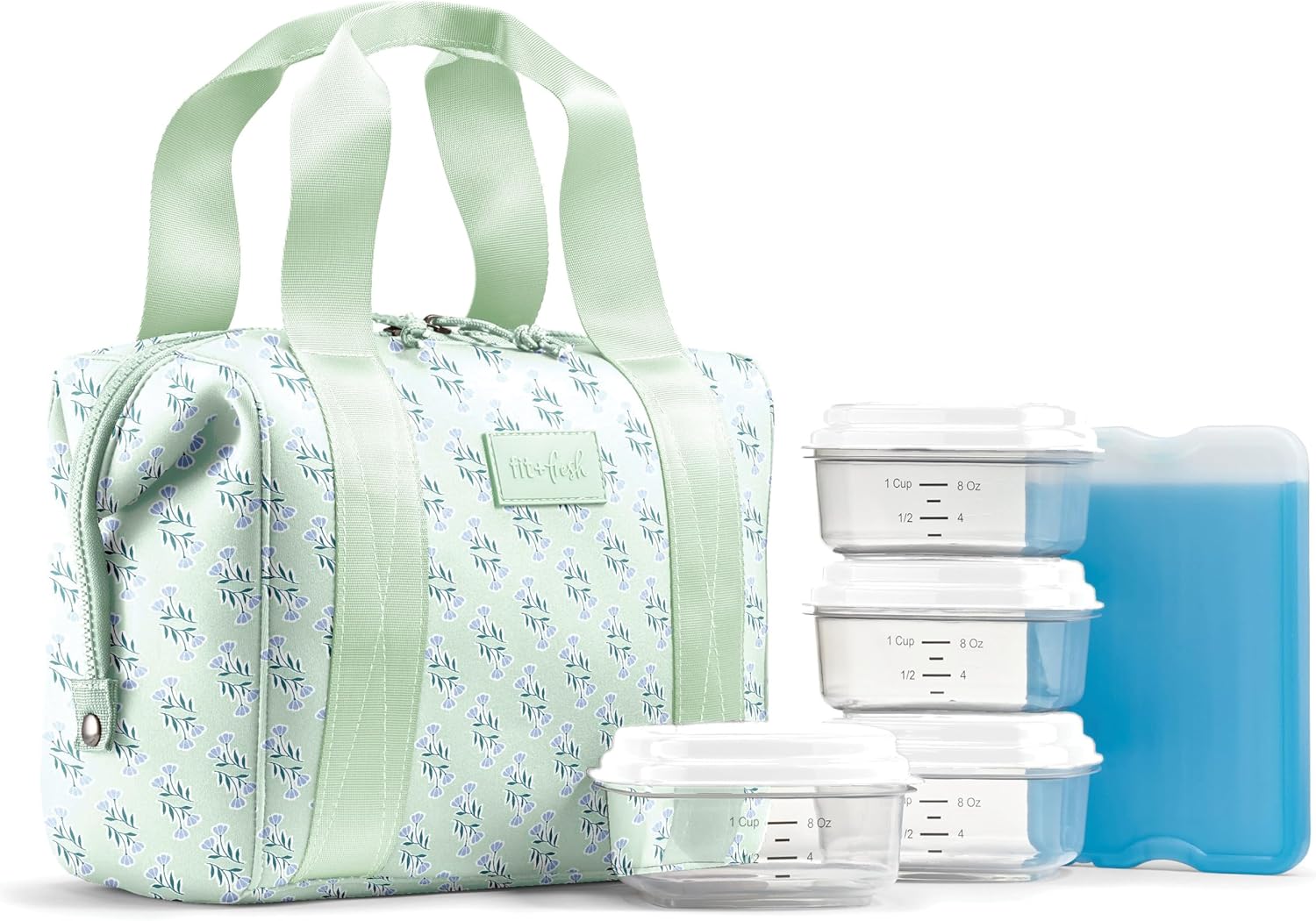Fit & Fresh Remi Neoprene Lunch Bag for Women w/ Ice Pack & Containers Sage Flower Block