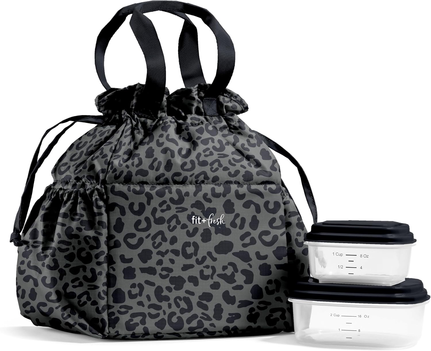 Fit & Fresh Cromwell Cinch Insulated Lunch Bag for Women w/ Containers Black Cheetah