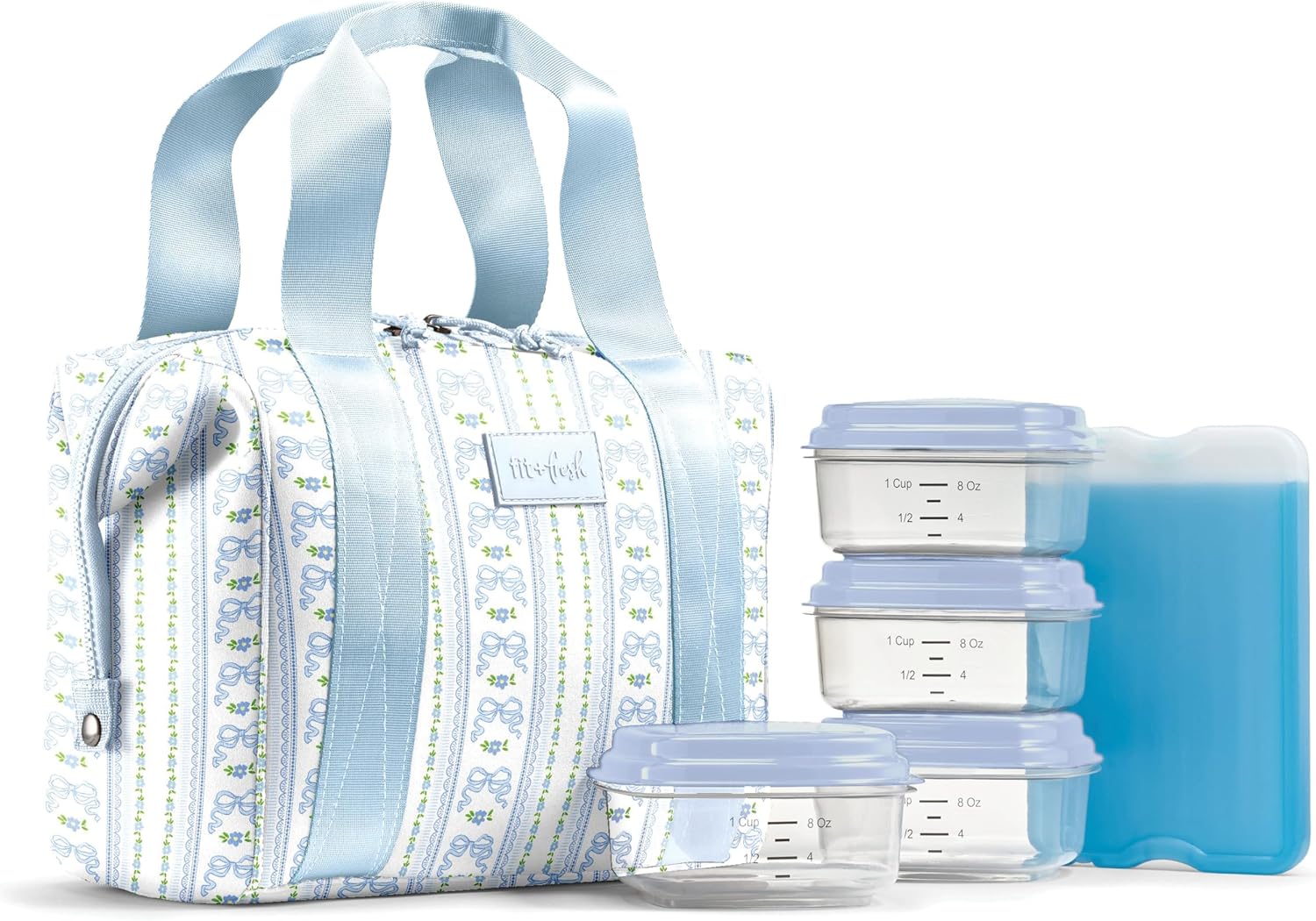 Fit & Fresh Remi Neoprene Lunch Bag for Women w/ Ice Pack & Containers Blue Wallpaper Bows
