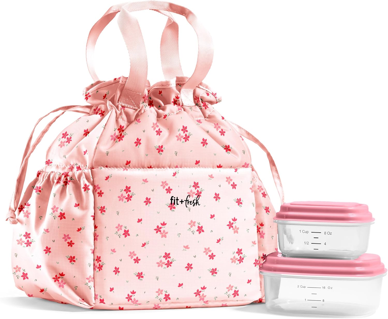 Fit & Fresh Cromwell Cinch Insulated Lunch Bag for Women w/ Containers Pink Dainty Flowers