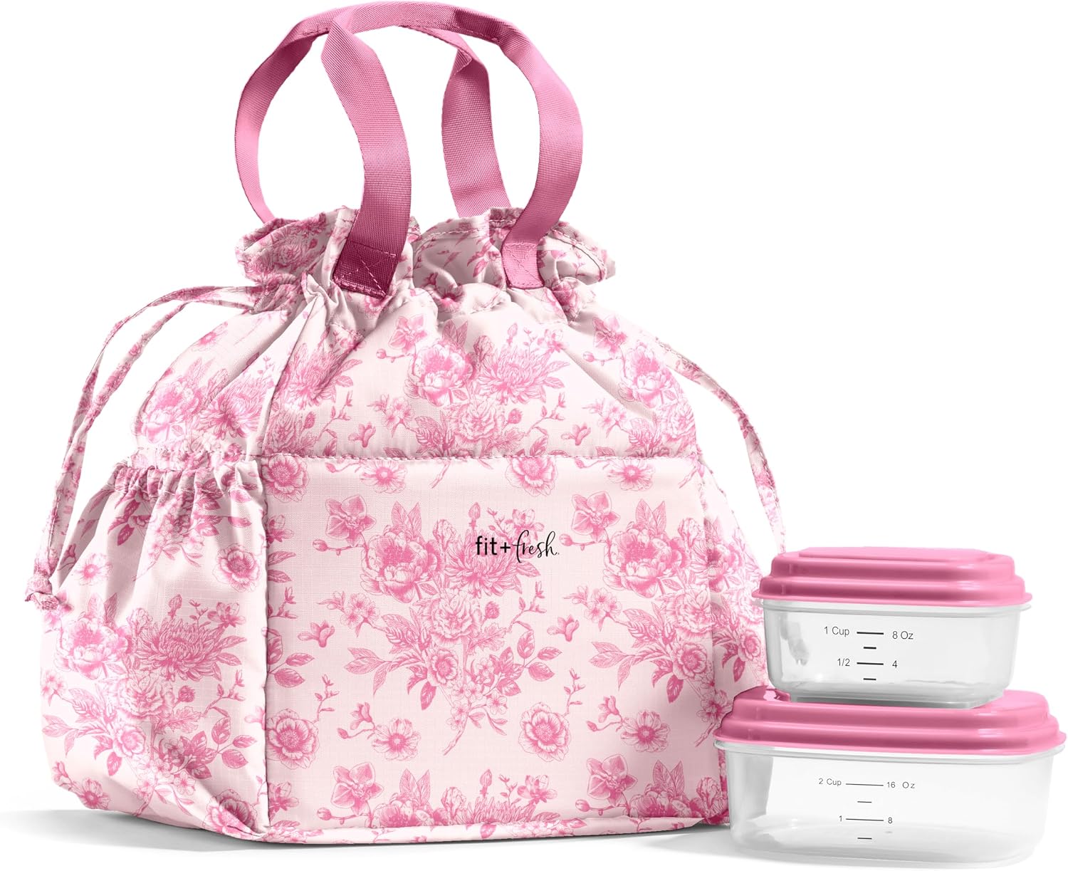 Fit & Fresh Cromwell Cinch Insulated Lunch Bag for Women w/ Containers Pink Floral Toile