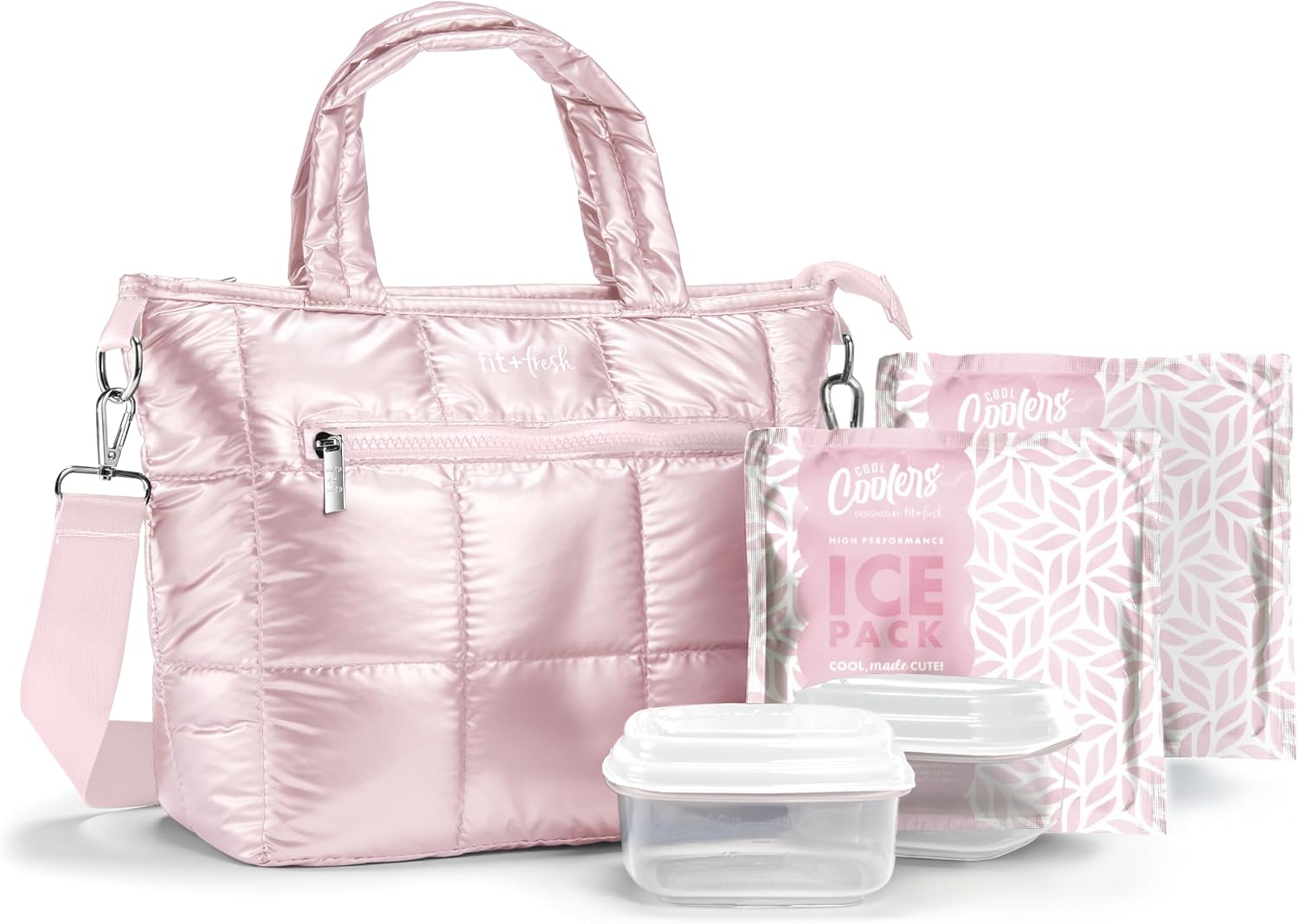 Fit & Fresh Eliana Lunch Tote, Insulated Lunch Bag w/ Ice Packs, Containers Pink