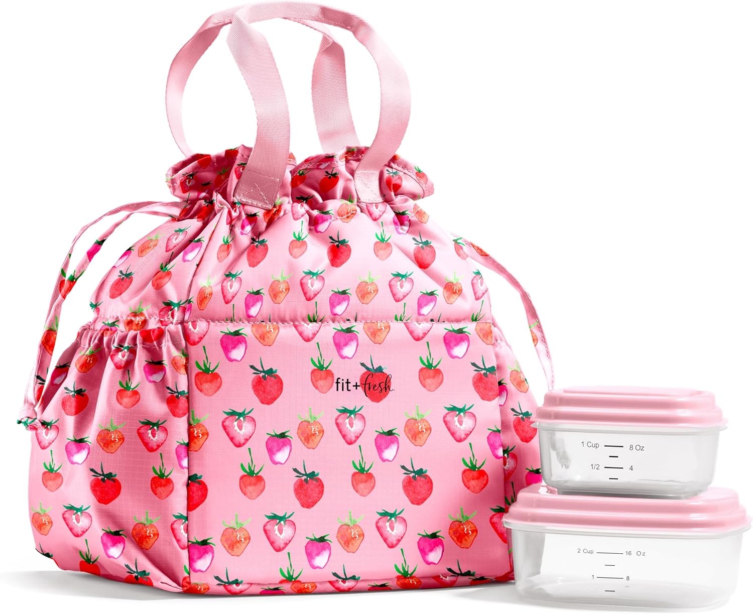Fit & Fresh Cromwell Cinch Insulated Lunch Bag for Women w/ Containers Pink Strawberries