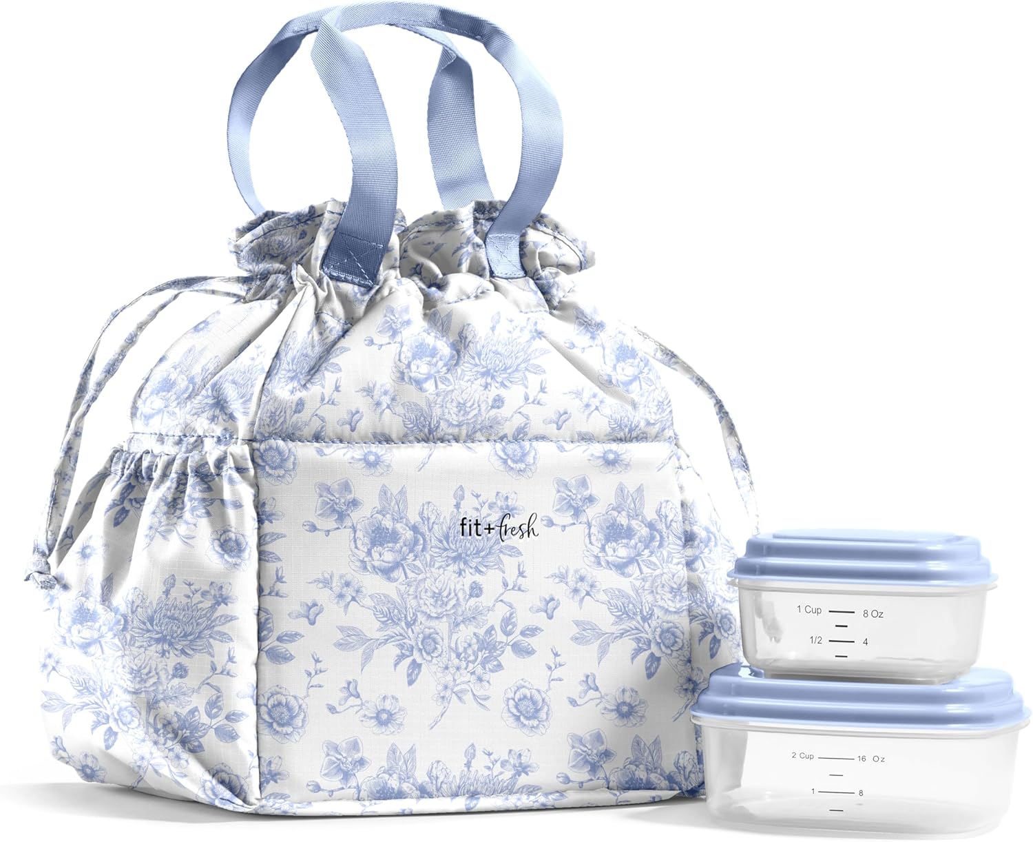 Fit & Fresh Cromwell Cinch Insulated Lunch Bag for Women w/ Containers Blue Floral Toile