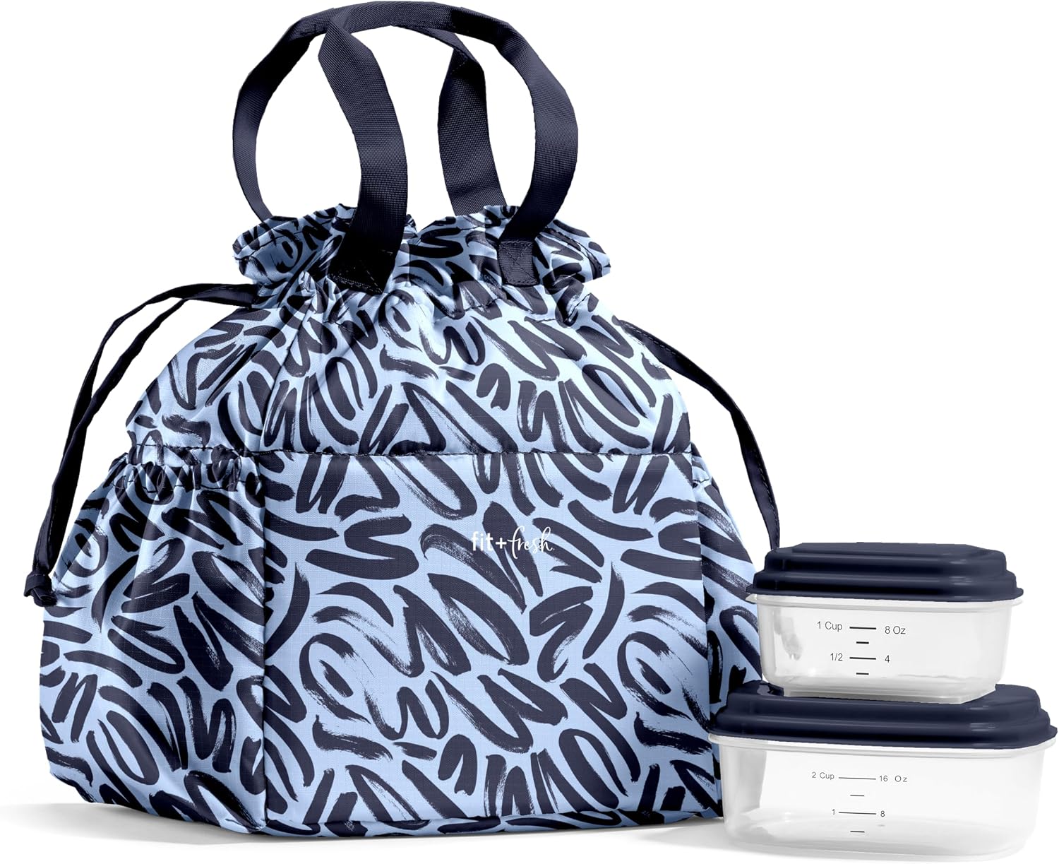 Fit & Fresh Cromwell Cinch Insulated Lunch Bag for Women w/ Containers Navy Brush Strokes