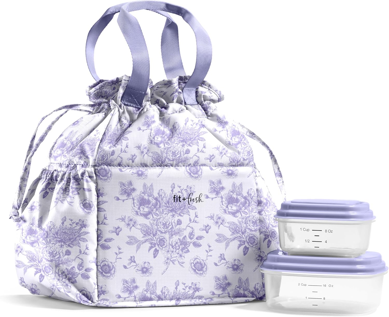 Fit & Fresh Cromwell Cinch Insulated Lunch Bag for Women w/ Containers Purple Floral Toile