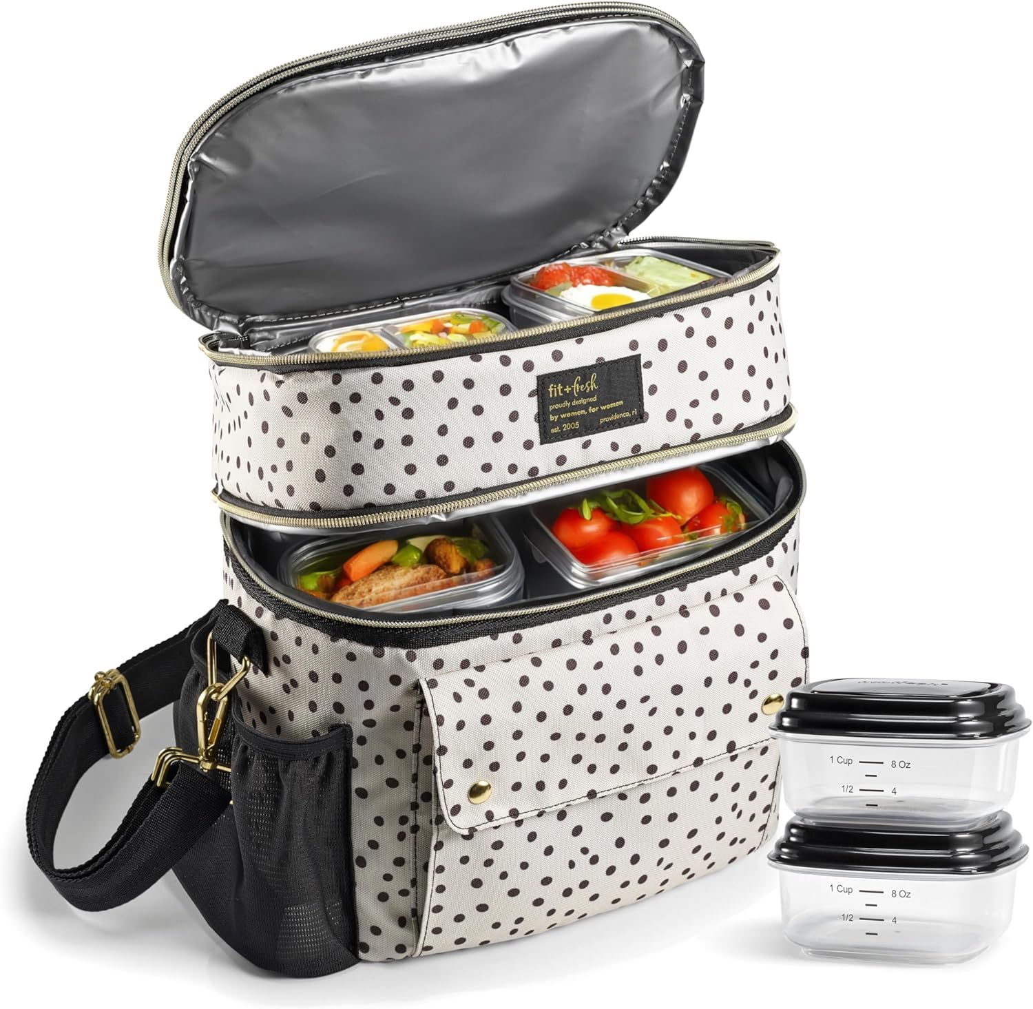 Fit & Fresh Westminster Dual Compartment Insulated Lunch Bag w/ Containers Taupe and Black Dot