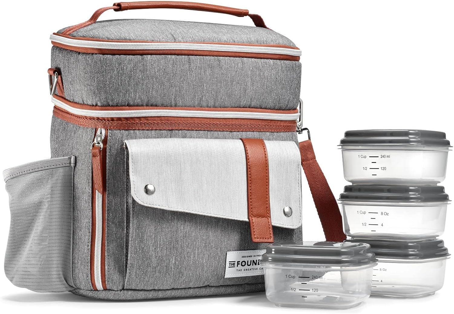 Fit & Fresh Foundry Extra Large Insulated Lunch Box for Men & Women, Large Lunch Bag for Meal Prep, Double Decker Adult Lunch Box for Men with Containers, Adjustable Strap, Dual Compartment, Steel Steel Gray