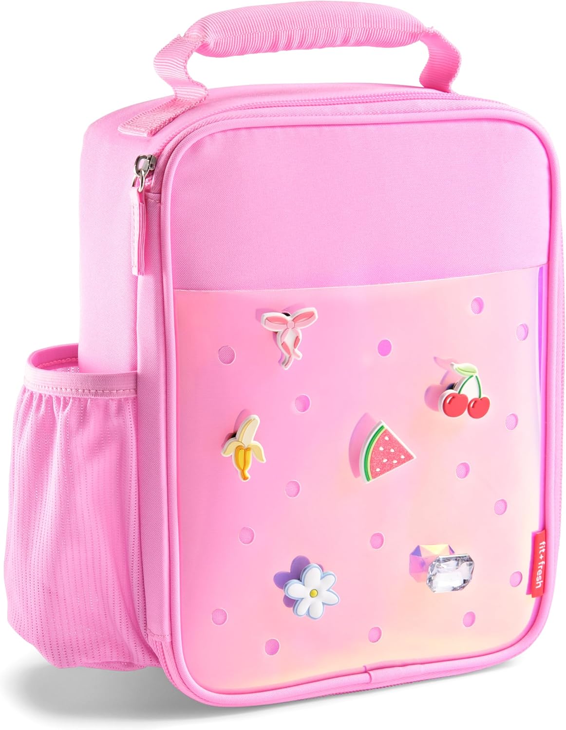 Fit & Fresh Customizable Kids Lunch Box for Girls - 6 Cute Charms Included Holographic Pink