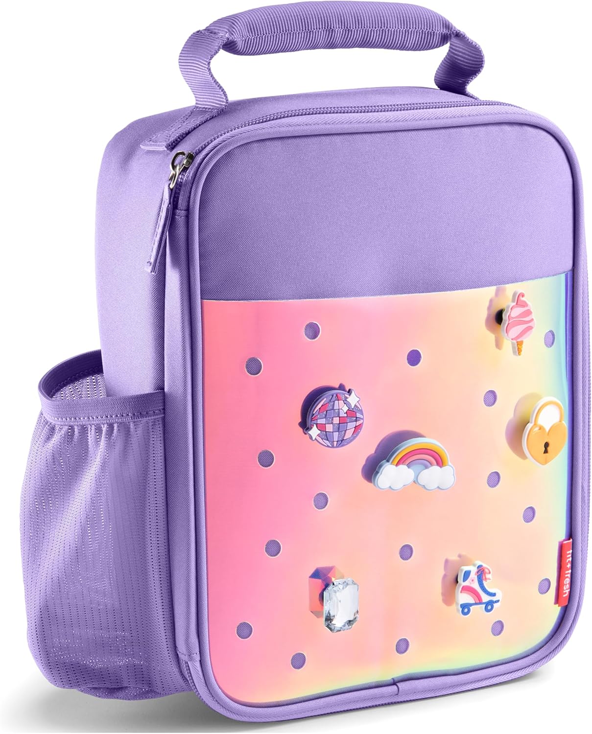 Fit & Fresh Customizable Kids Lunch Box for Girls - 6 Cute Charms Included Holographic Purple