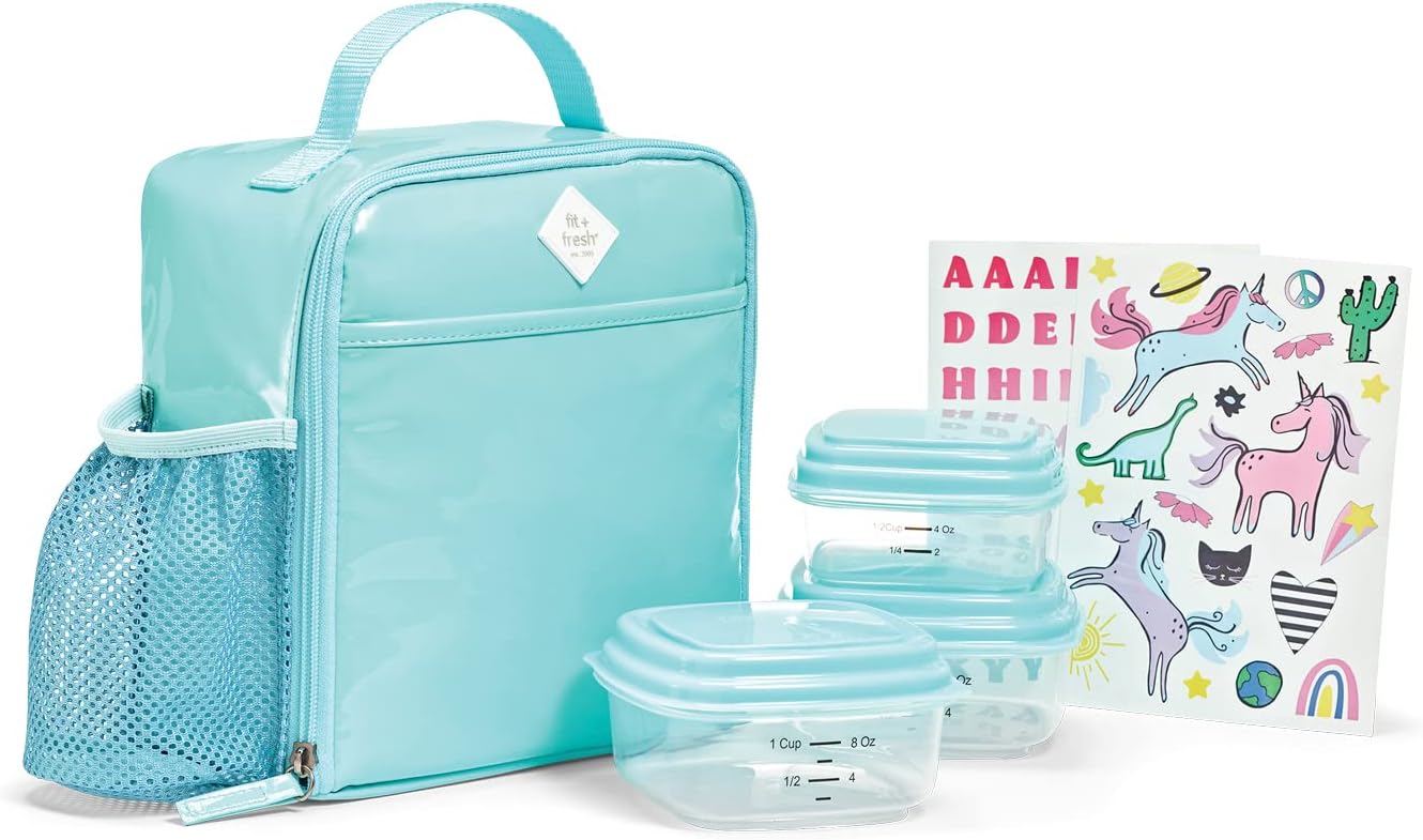 Fit+Fresh DIY Sticker Insulated Lunch Box, Lunch Box for Kids - Boys & Girls, Medium, Teal