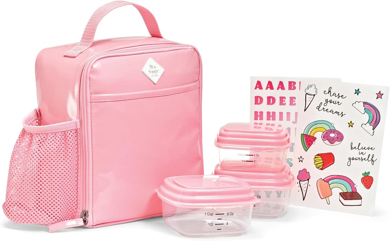 Fit & Fresh Kids Unisex Pink Meal Holder with Thermal Insulation, Leakproof Liner, and Reusable Stickers
