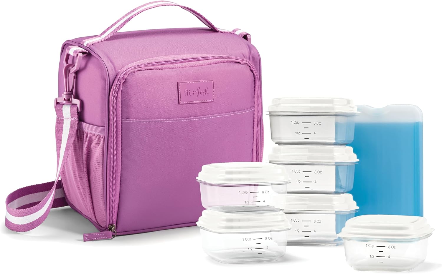 Fit & Fresh BREE Meal Prep Lunch Box With Containers, Ice Pack, and Shaker Bottle For Men and Women, 6pc. Meal Prep Kit Lunch Bag With Containers Included, Mauve