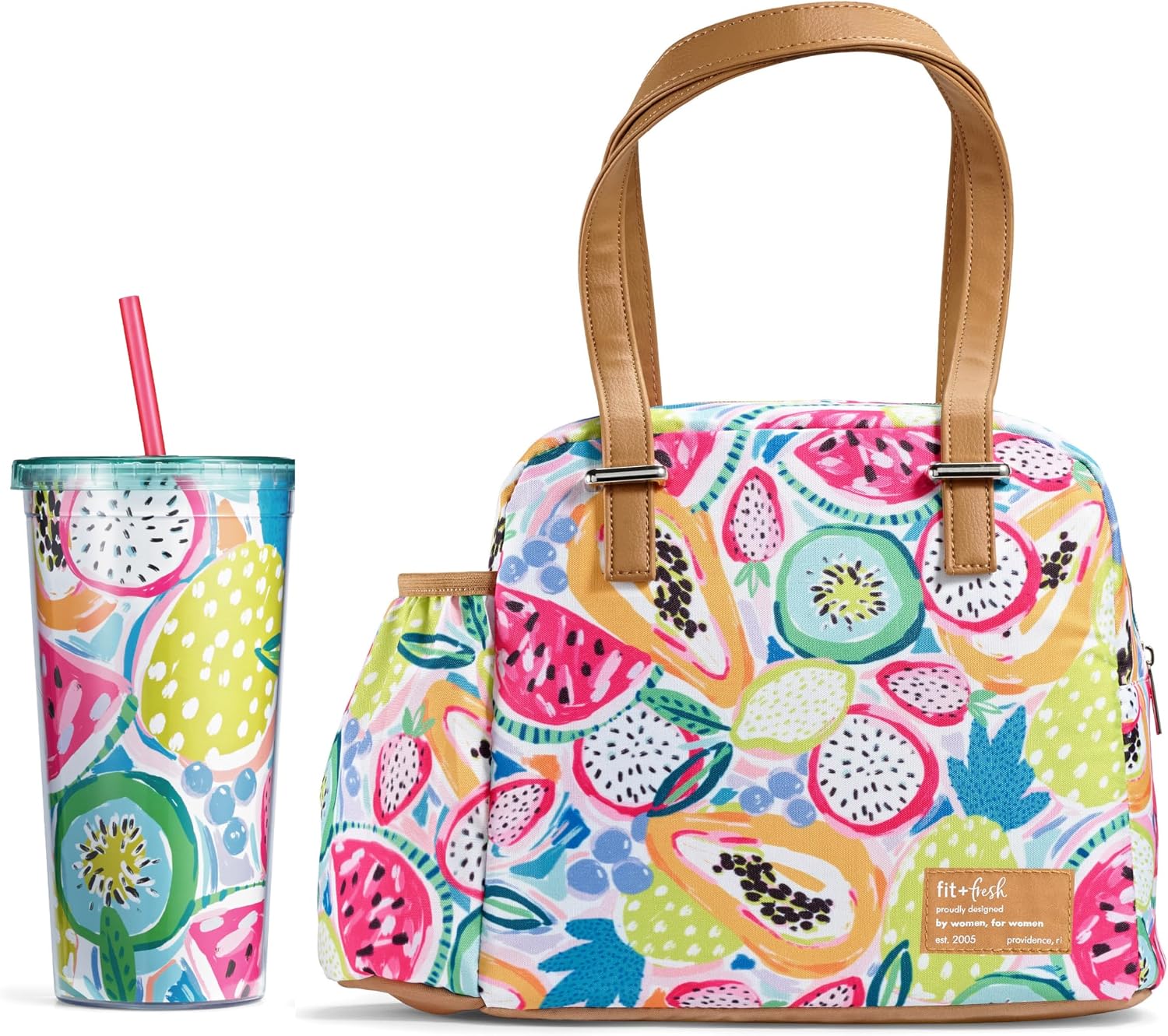 Fit & Fresh Lunch Bag For Women, Insulated Womens Lunch Bag For Work, Leakproof & Stain-Resistant Large Lunch Box For Women With Bottle Pocket, Long Straps, Zipper Closure Laketown Bag Fruit Tumbler Fresh Fruit
