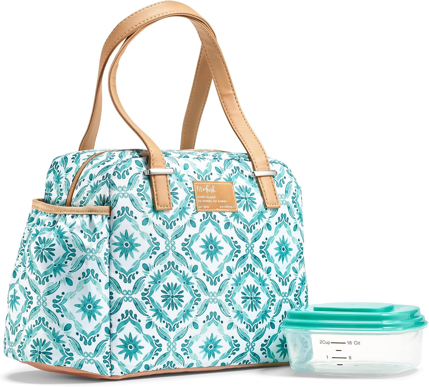 Fit & Fresh Insulated Leakproof & Stain-Resistant Large Lunch Box For Women With Expandable Bottle Pocket, Zipper Closure Laketown Lunch Bag Aqua