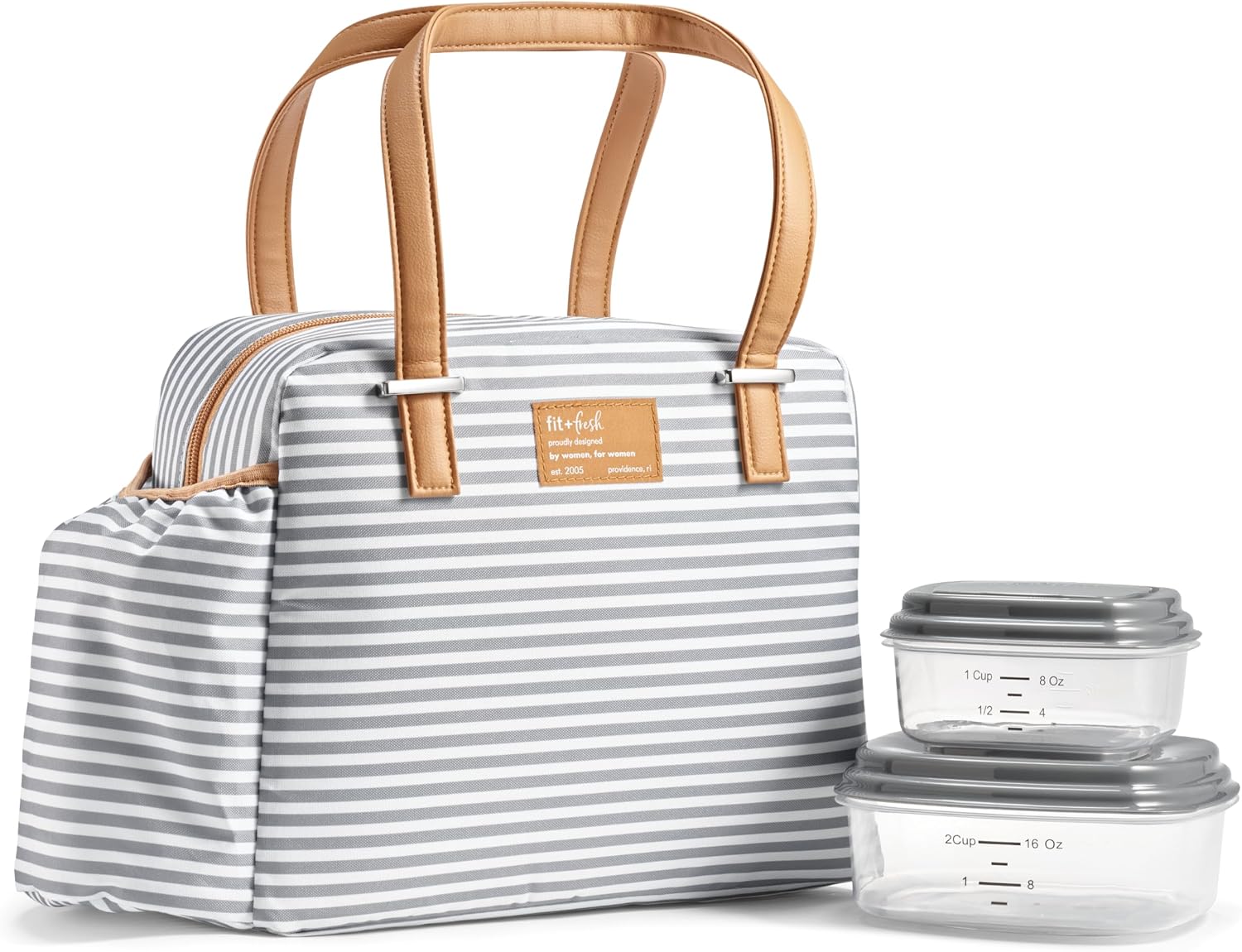 Fit & Fresh Insulated Leakproof & Stain-Resistant Large Lunch Box For Women With Expandable Bottle Pocket, Laketown Lunch Bag Gray Stripe Gray Stripes