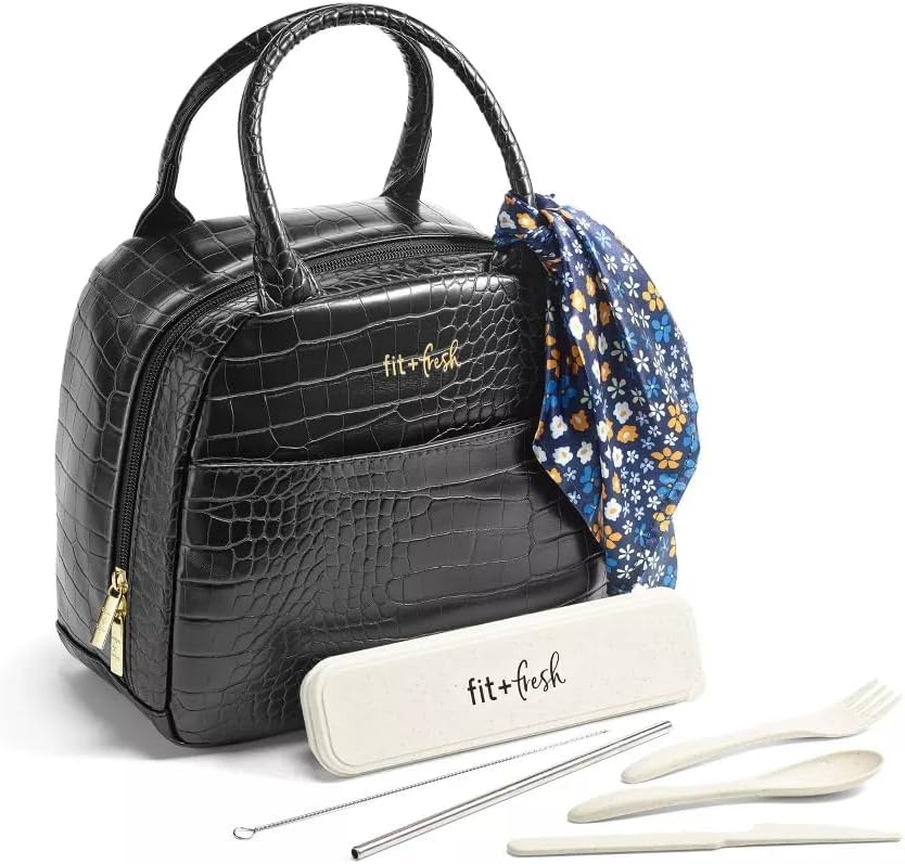 Fit & Fresh Lyon Modern Lunch Bag With Travel Utensils For Women, Insulated Womens Lunch Bag For Work, Leakproof & Stain-Resistant Large Lunch Box For Women, Faux Croc Leather, Black Lyon Black