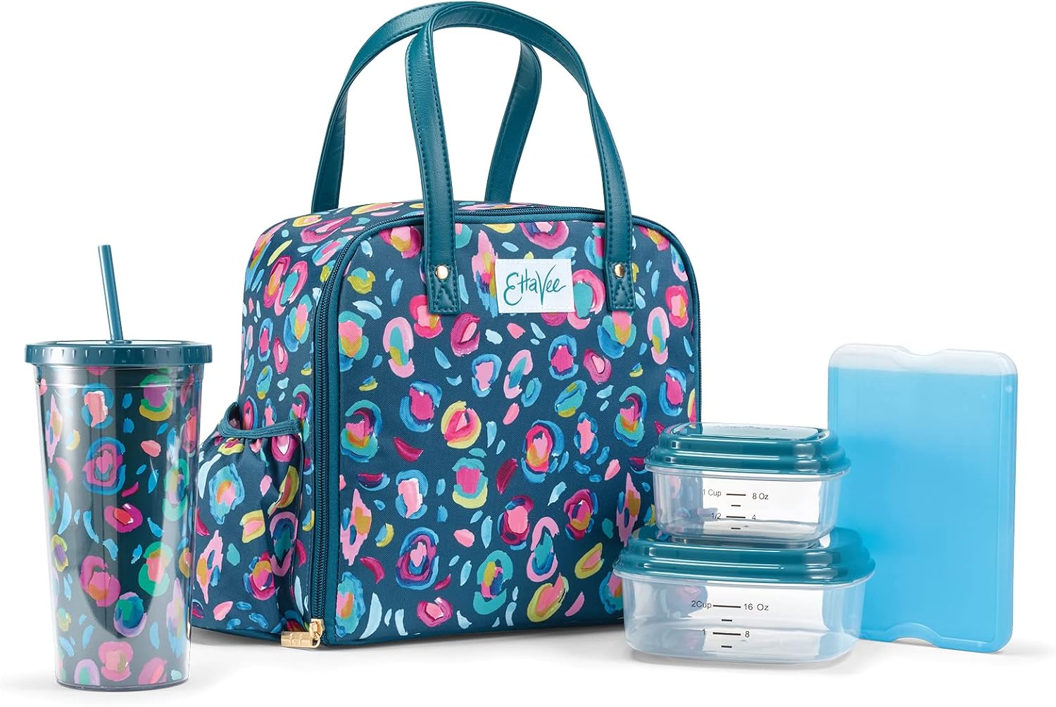 Fit & Fresh Lunch Bag For Women, Insulated Womens Lunch Bag For Work, Leakproof & Stain-Resistant Large Lunch Box For Women With Containers, Tumbler and Ice Pack, Zipper Closure Wichita Bag Leopard Teal Leopard