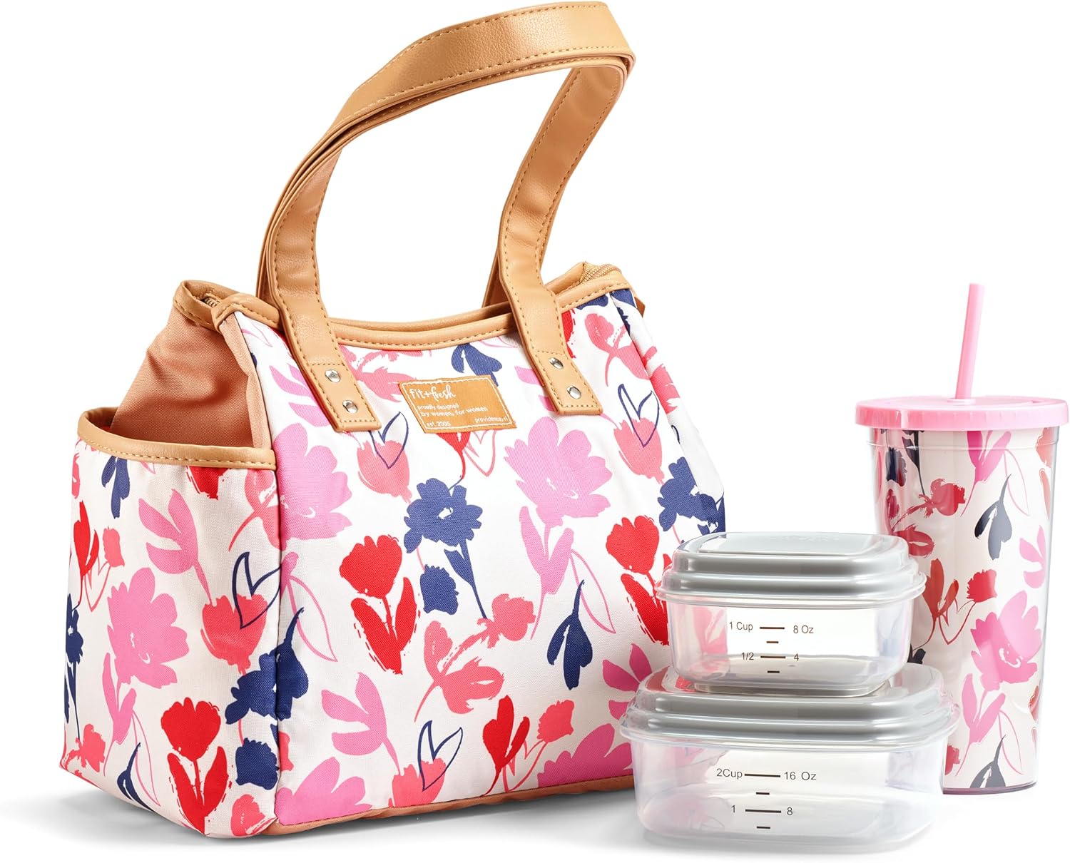 Fit & Fresh Lunch Bag For Women, Insulated Womens Lunch Bag For Work, Leakproof & Stain-Resistant Large Lunch Box For Women With Containers and Matching Tumbler, Zipper, Westerly Lunch Bag, Floral Botanical Silo Pink