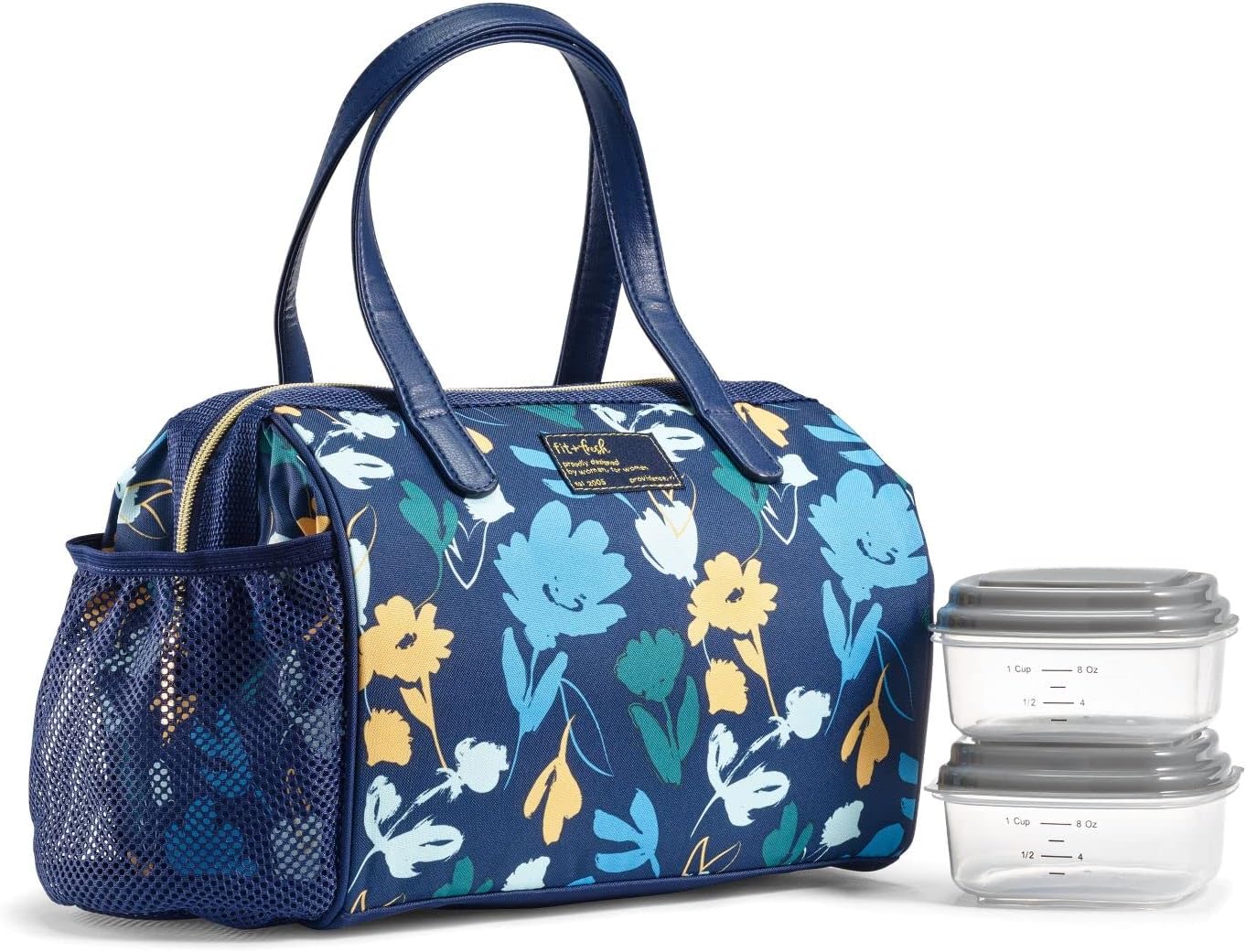 Fit & Fresh Cloverdale Adult Insulated Lunch Bag with Side Pouch & Carry Handles, Complete Lunch Kit Includes 2 Containers, Botanical Silo Navy