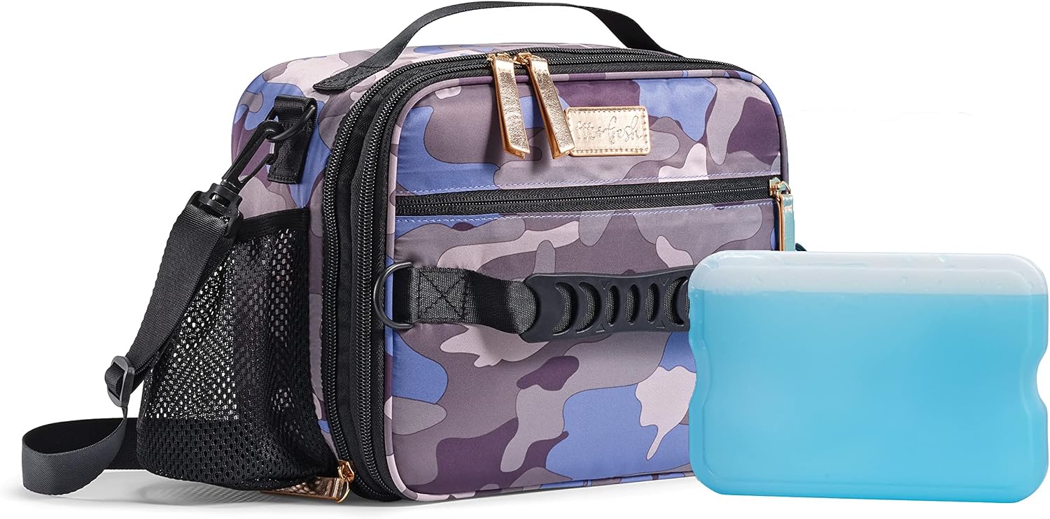 Fit & Fresh Josie Adult Insulated Lunch Bag with Side Pouch & Carry Strap, Complete Lunch Kit Includes Reusable XL Ice Pack, Blue Watercolor