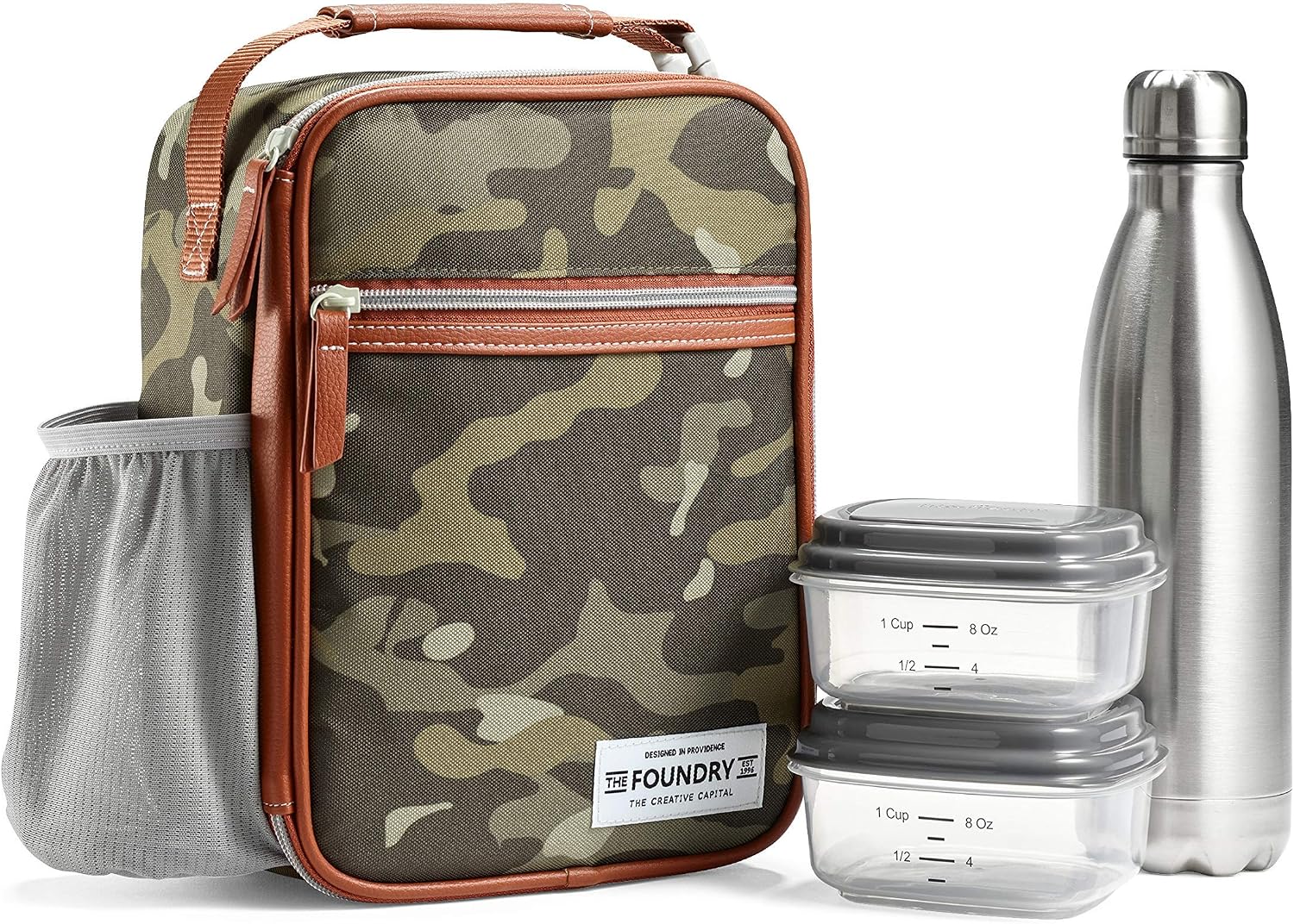 Foundry by Fit & Fresh, Thayer Adult Insulated Lunch Bag with Side & Front Pouches, Complete Lunch Kit Includes Stainless Steel Tumbler & 2 Containers, Camo